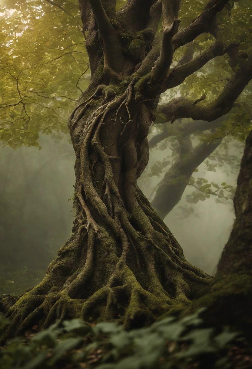 Realistic close-up photography, Arbomorph An embrace of the body of the cursed witch woman turned into a leafy tree, with roots as legs, ramas como brazos, Algunas hojas vuelan sobre un fondo blanco, escena dantesca