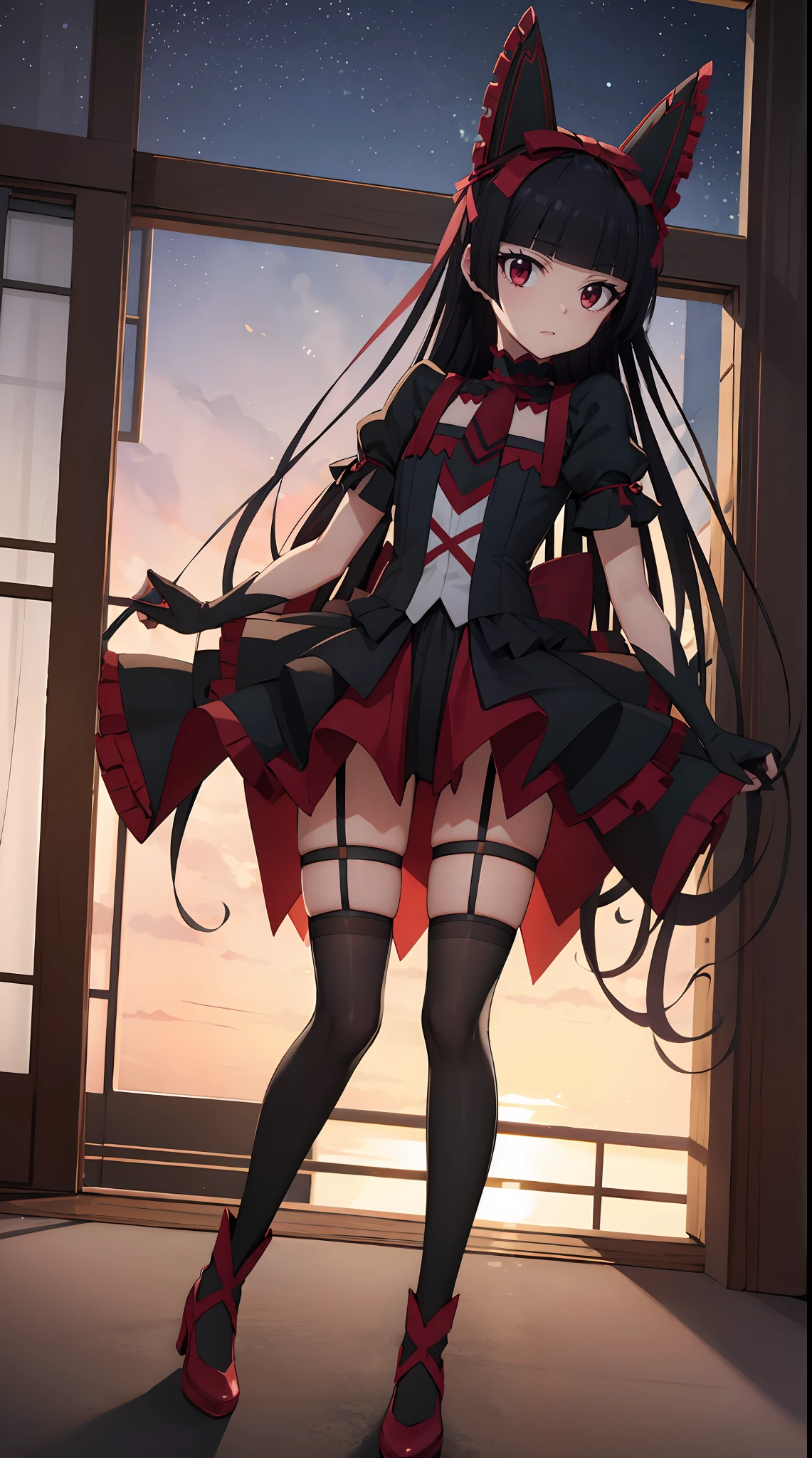 Rory Mercury, Rory Mercury, black  hair, blunt bangs, hime cut, hair ornament, red lipstick, hairlong, cute face, makeup, (small chest:1.2), (red eyes:1.5), BREAK Gothic underwear, the perfect body (little chest:1.3) Hornny,  BREAK in full growth, red shoes, BREAK Black Stockings, Black Gloves BREAK, black thighs, garter straps, gloves, gotik, Hair Bow, gothic fashion, puffy short sleeves, puffy sleeves, short sleeves, thights, thights,  BREAK of the starry night sky, night city, BREAK looks at the viewer, BREAK (Masterpiece:1.2), Best Quality, High Resolution, Unity 8k壁纸, (illustartion:0.8), (beautiful detail eyes:1.6), extremely detailed face, perfect  lighting, extremely detailed CGI, (perfect arms, perfect anatomy),