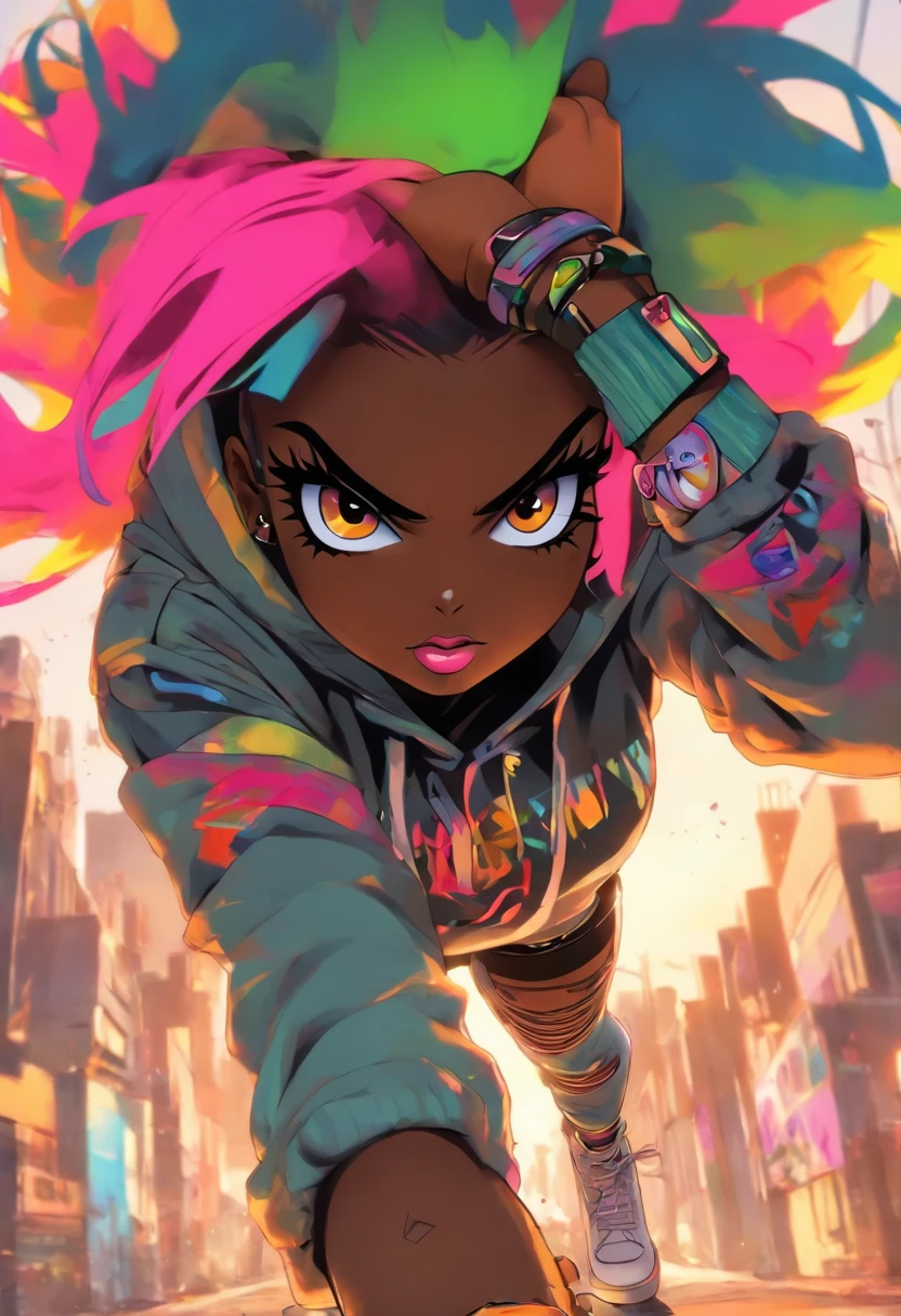 The most beautiful and sexy punk rock girl, black Afro, huge boobs, cabello color arco iris, ojos amarillos, dark skin, usar una sudadera con capucha, open Graphic design jacket and torn skinny jeans, toneladas de tatuajes y piercings, Obra maestra perfecta, alta calidad, High resolution, big tits