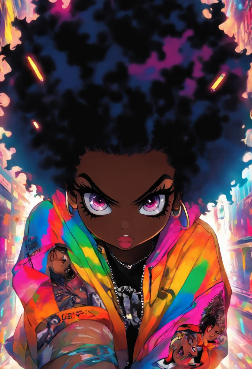 The most beautiful and sexy punk rock girl, black Afro, huge boobs, cabello color arco iris, ojos amarillos, dark skin, usar una sudadera con capucha, open Graphic design jacket and torn skinny jeans, toneladas de tatuajes y piercings, Obra maestra perfecta, alta calidad, High resolution, big tits