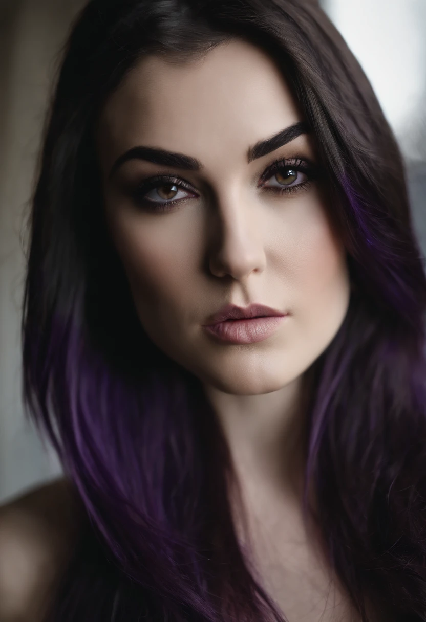 Sasha Grey, (photography), (best quality:1.5), (shredded and cropped purple hair), (blushed cheek, eyeliner, brown eyeliner and shadow), (clear eyes), textured skin, [hyper realistic],  face close, 80mm, soft focus , film grain:1.2