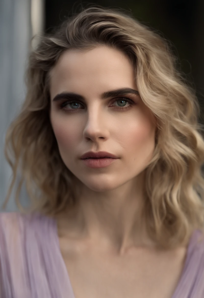 Brit Marling, (best quality:1.5), (shredded and cropped purple hair), (blushed cheek, eyeliner, brown eyeliner and eye shadow), (clear eyes), textured skin, [hyper realistic],  face close, 80mm, soft focus , film grain:1.2