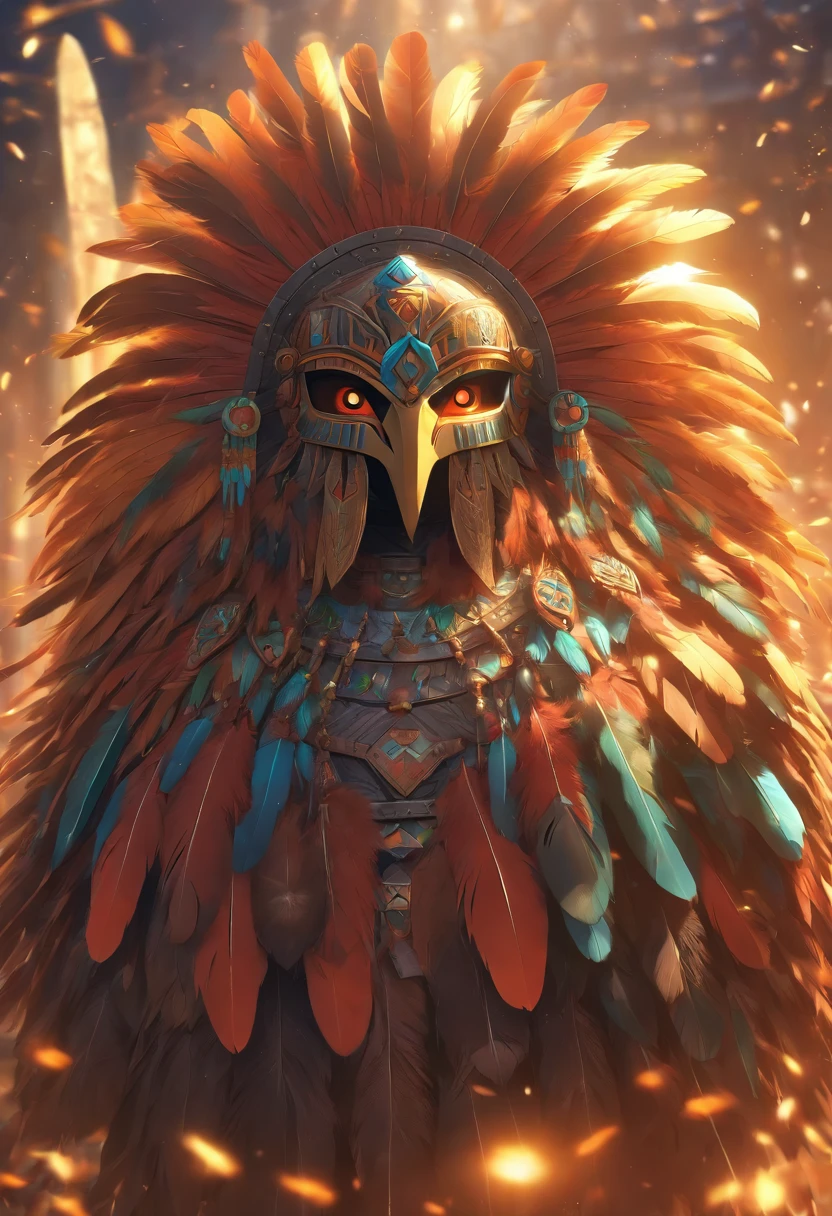 (((Feather shield))) best quality, ultra-high resolution, 4K detailed CG, masterpiece, feather shield, Aztec mythology, Mexico, aesthetics, ((Huitzilopochtli)), beautiful image, centered on screen