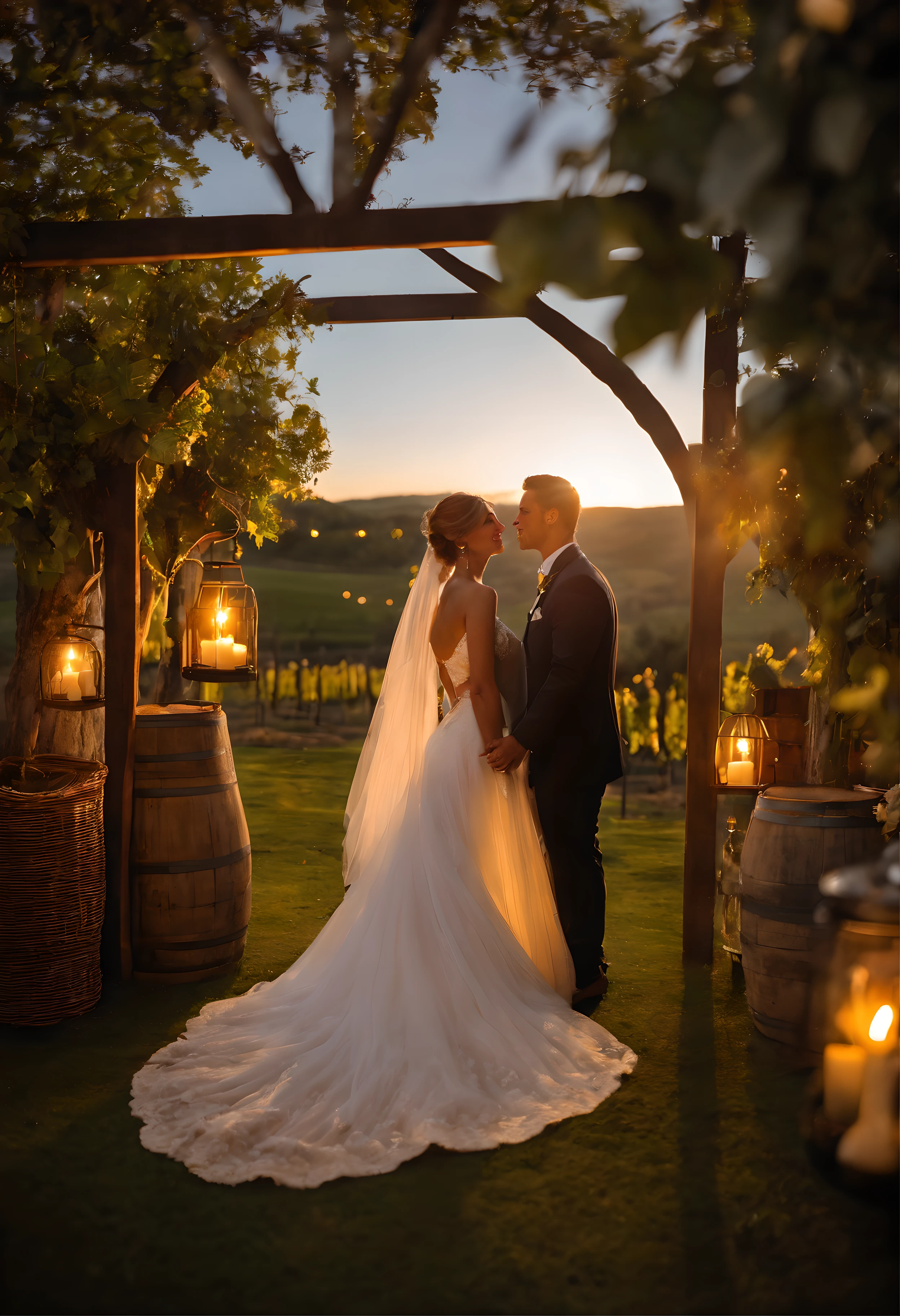 Imagine a romantic and unforgettable scene: A sunset wedding at a charming winery. The bride and groom are about to exchange their vows under an elegant stone gazebo, while your guests are seated in an open area, Bathed in the soft golden light of the sunset. The atmosphere is magical, but also challenging for a photographer.

Nesta cena, We have a mixed lighting situation. A luz do sol, prestes a desaparecer no horizonte, cria uma temperatura de cor quente e dourada, that embraces the bride and groom and their guests with a romantic touch. No entanto, As the day progresses into twilight, The winery's artificial lights begin to come on, proporcionando uma luz mais fria e branca ao ambiente.

The challenge for the photographer is to capture the beauty of this special moment while balancing the different light sources. Here's how it handles the mixed lighting situation: