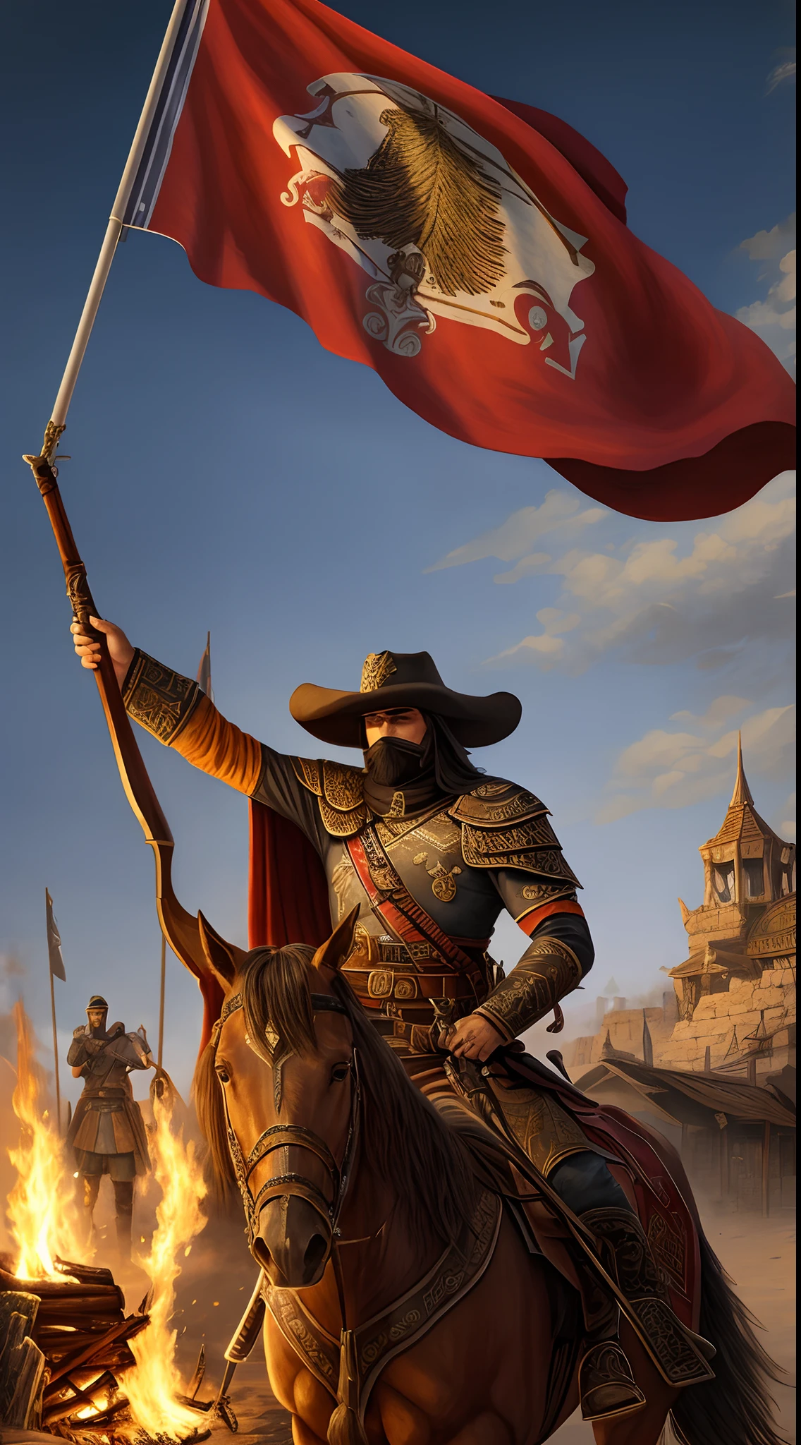 tmasterpiece，best qualityer，multiple persons，ancient soldier，rios，the night，bonfires，Long Gun，knifes，arma，，The flag，cavalos，smog，mont，moor