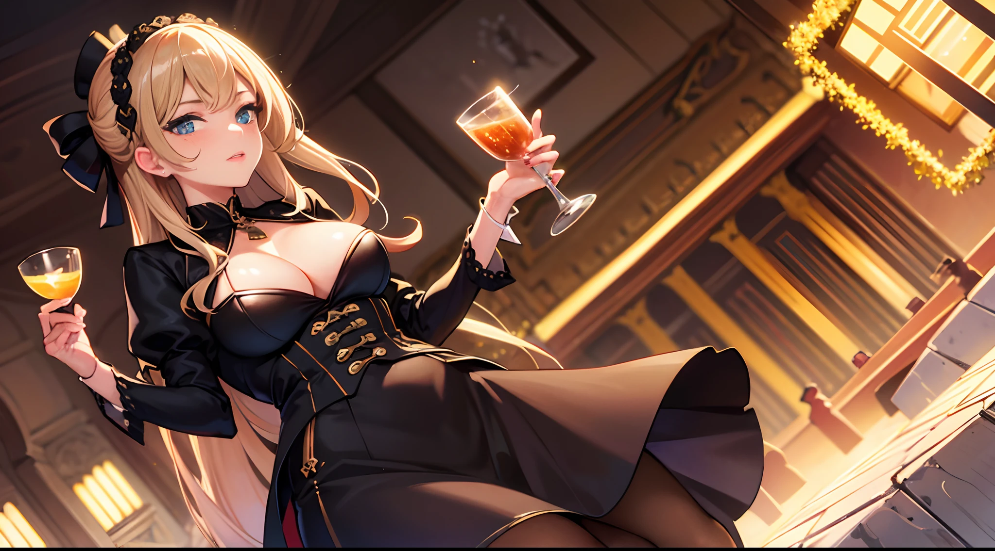 Masterpiece, Superb Clothing, (Illustration), ((1girl)), milf, Fashion, Party, Toast, Trend, Cinematic Lighting, UHD