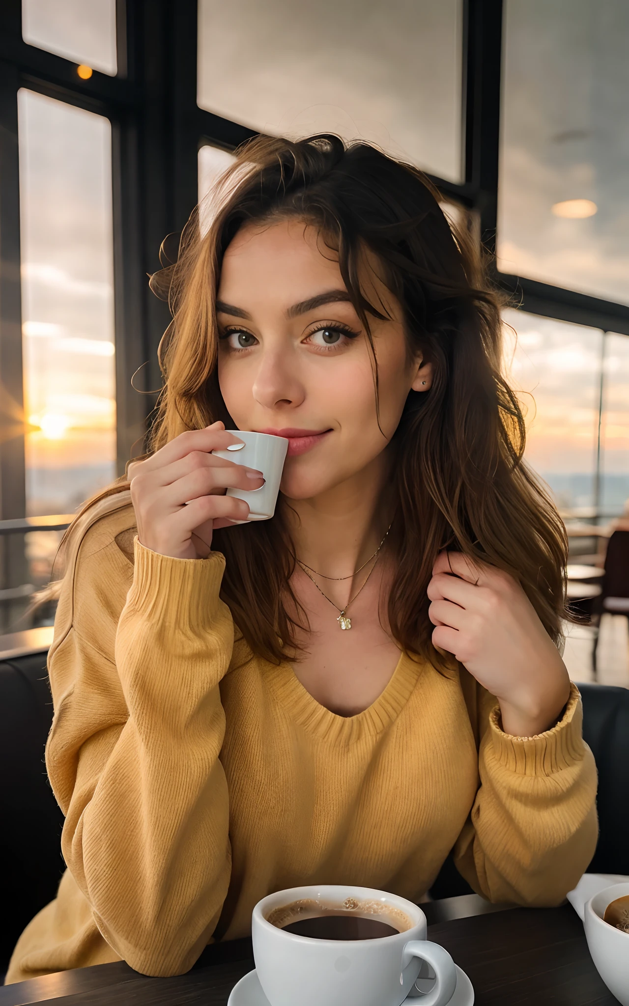 Cute beautiful blonde with yellow sweater (Drinking coffee in a modern café at sunset), sehr detailliert, 14 Jahre alt, unschuldiges Gesicht, naturally wavy hair, blaue Augen, high-res, Meisterwerk, best qulaity, komplizierte Details, sehr detailliert, scharf Fokus, detaillierte Haut, realistische Hauttextur, Textur, detaillierte Augen, professionell, 4k, charming smile, aufgenommen mit Canon, 85 mm, light depth of field, Kodak Vision-Farbe, perfectly fitting body, extrem detailliert, Foto_\(ultra\), fotorealistisch, realistisch, Nachbearbeitung, maximale Details, Rauheit, echtes Leben, ultrarealistisch, Fotorealismus, Fotografie, 8k uhd, Fotografie