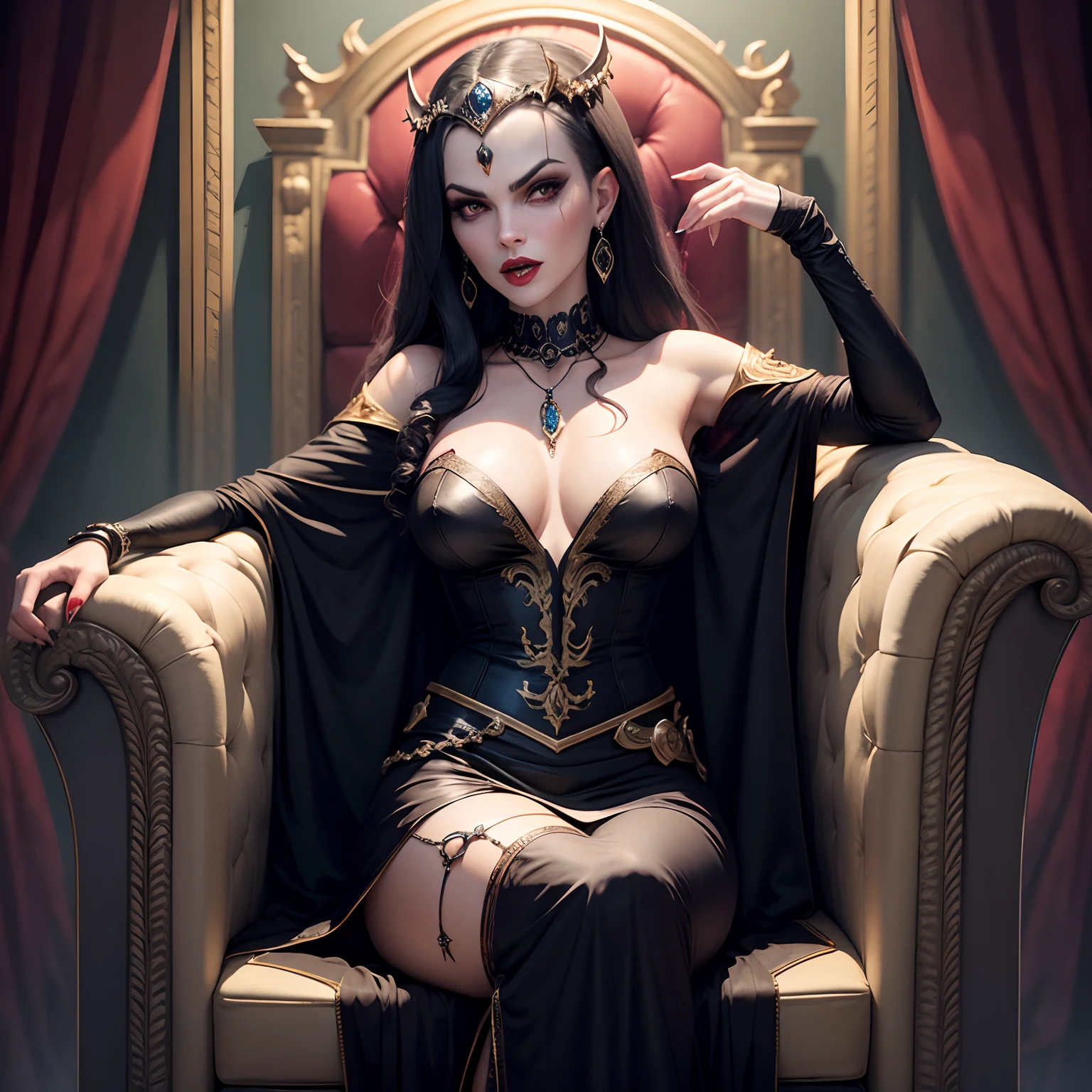 Linda mulher vampira sentada em um trono de ossos com cranios aos seus pes,