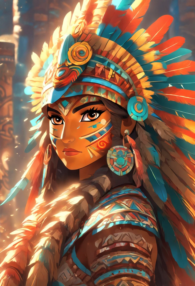 (((Huitzilopochtli))) best quality, ultra-high resolution, 4K detailed CG, masterpiece, Mayan god,feather shield,fire serpent Aztec mythology, Mexico, aesthetics, ((Feather shield)), beautiful image, centered on the screen