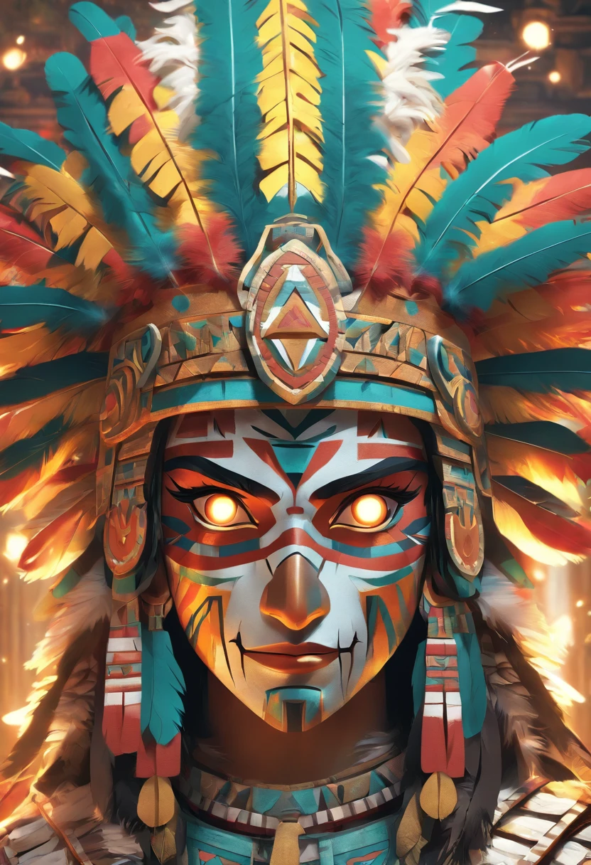 (((Huitzilopochtli))) best quality, ultra-high resolution, 4K detailed CG, masterpiece, Mayan god,feather shield,fire serpent Aztec mythology, Mexico, aesthetics, ((Feather shield)), beautiful image, centered on the screen