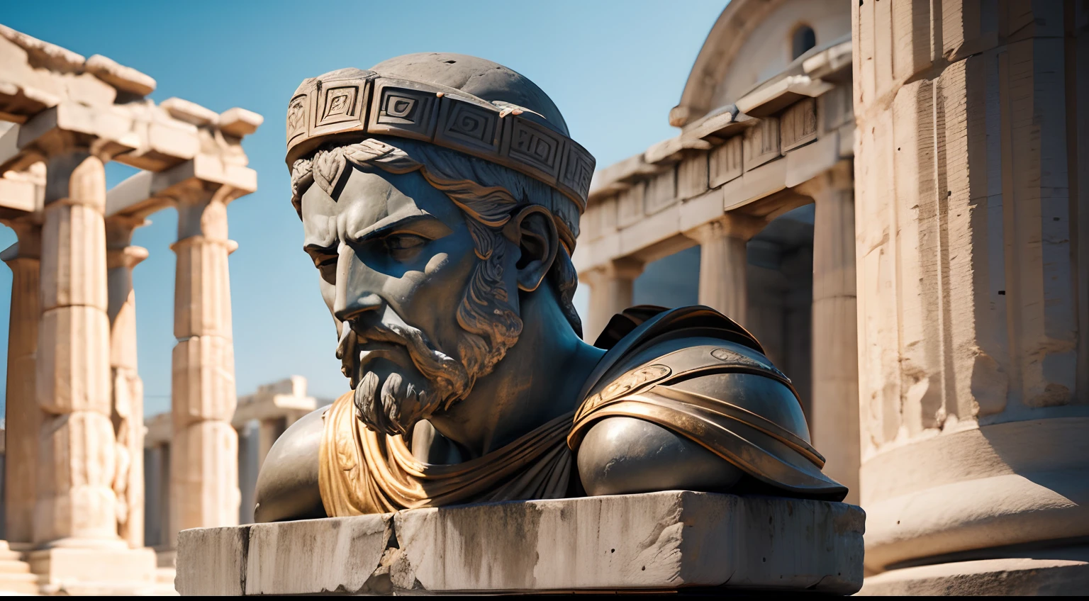 Ancient Greek statue with angry expression, outside, com rosto extremamente detalhado full body view, Colors with low saturation with dark tone, Filmado em Sony A7S III com Sony FE 35mm f/1.8, 12.1 MP, --AR 3:2 --estilo cru