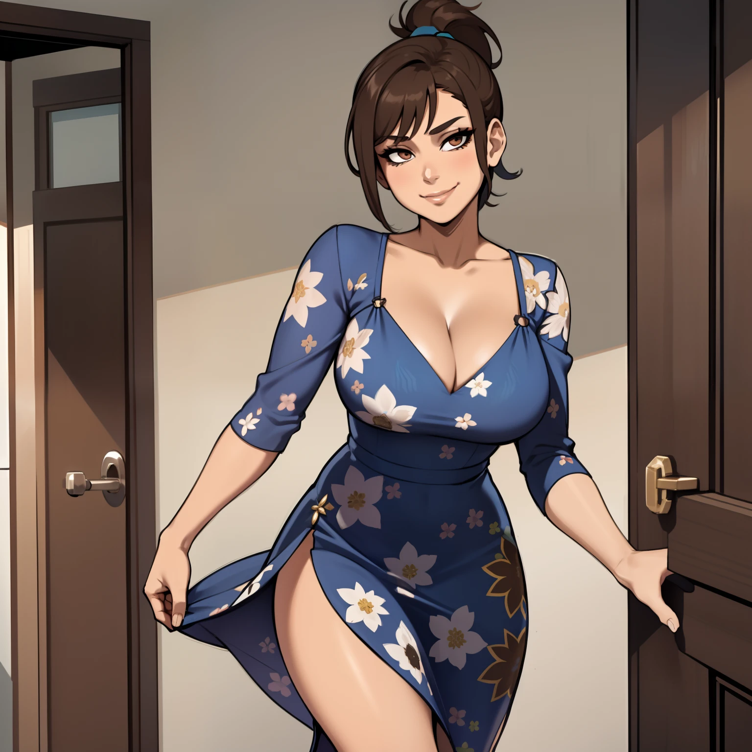 one female with short ponytail brown haircut, has brown eyes, long form fitting blue floral dress, alone, solo, (ALONE)(SOLO), showing cleavage, facing forward, looking at me, looking forward, smirk, showing full legs, looking casual