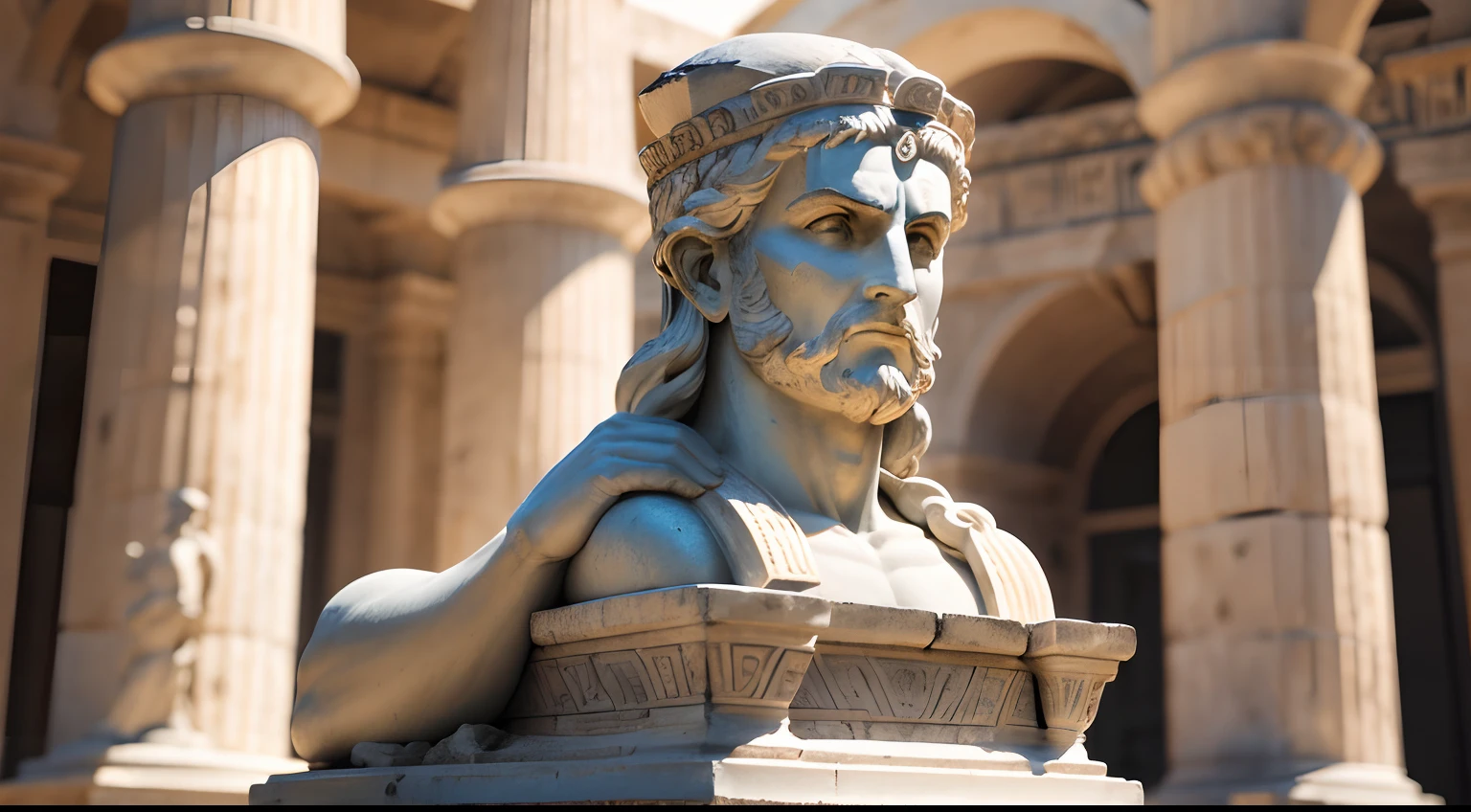 Ancient Greek statue with angry expression, outside, com rosto extremamente detalhado full body view, Colors with low saturation with dark tone, Filmado em Sony A7S III com Sony FE 35mm f/1.8, 12.1 MP, --AR 3:2 --estilo cru
