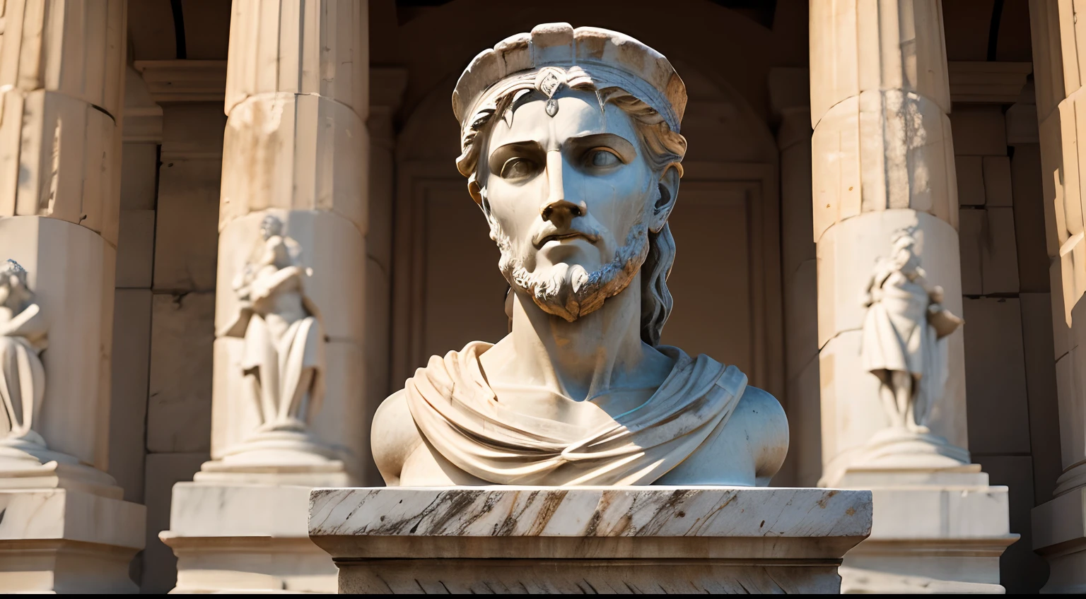 Ancient greek statue with angry expression, ambiente escuro, ao ceu aberto, 35 mm, lateralmente, extremamente detalhado, Colors with low saturation with dark tone, Filmado em Sony A7S III com Sony FE 35mm f/1.8, 12.1 MP, --AR 3:2 --estilo cru