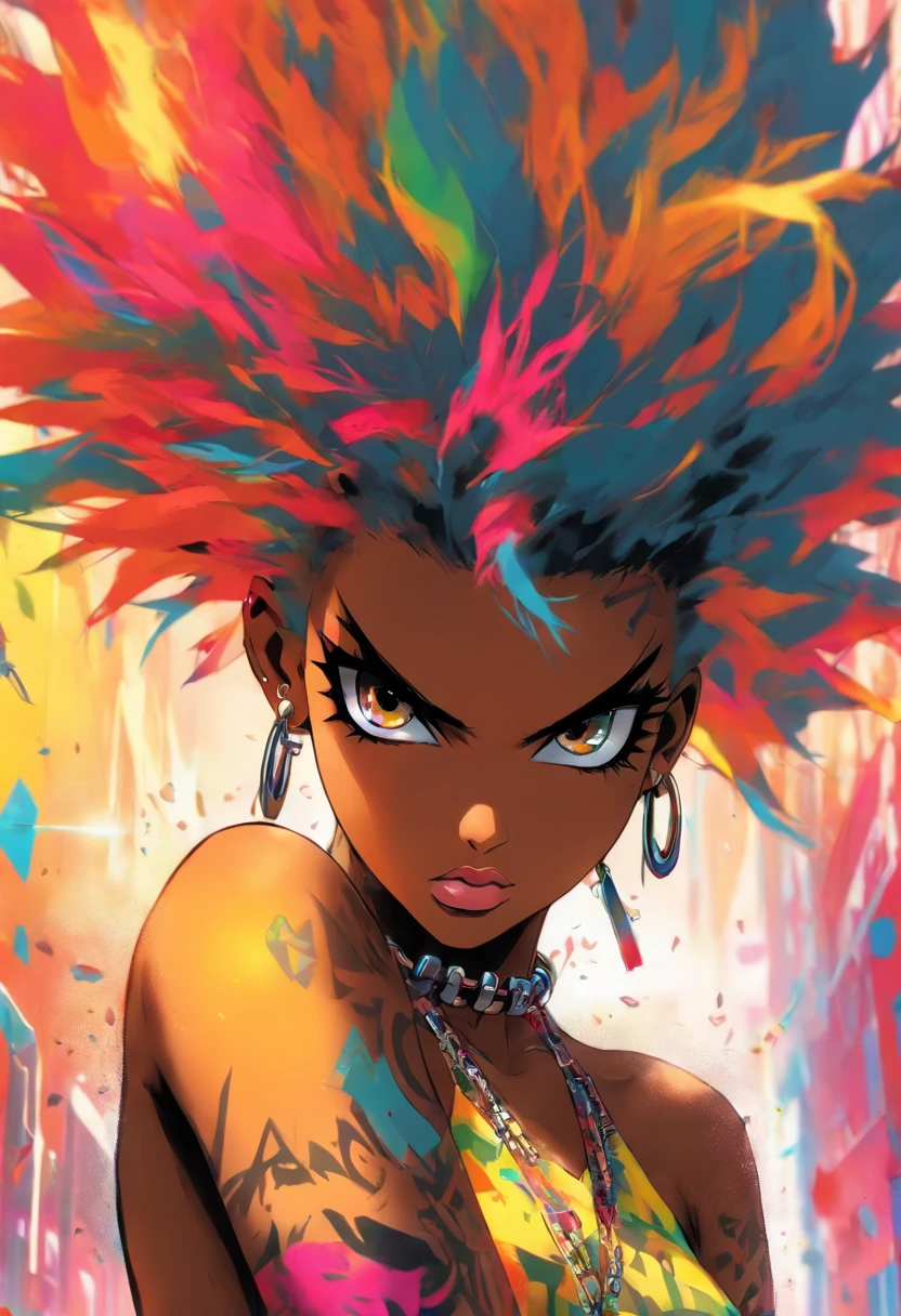 The most beautiful and naked sexy punk rock girl, black Afro, huge boobs, cabello color arco iris, ojos amarillos, dark skin, usar una sudadera con capucha, toneladas de tatuajes y piercings, Obra maestra perfecta, alta calidad, High resolution, big tits