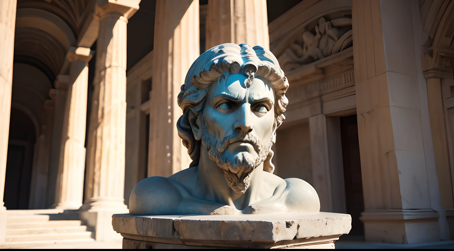 Ancient Greek statue with angry expression, outside, com rosto extremamente detalhado full body view, Colors with low saturation with dark tone, Filmado em Sony A7S III com Sony FE 35mm f/1.8, 12.1 MP, --AR 3:2 --estilo cru
