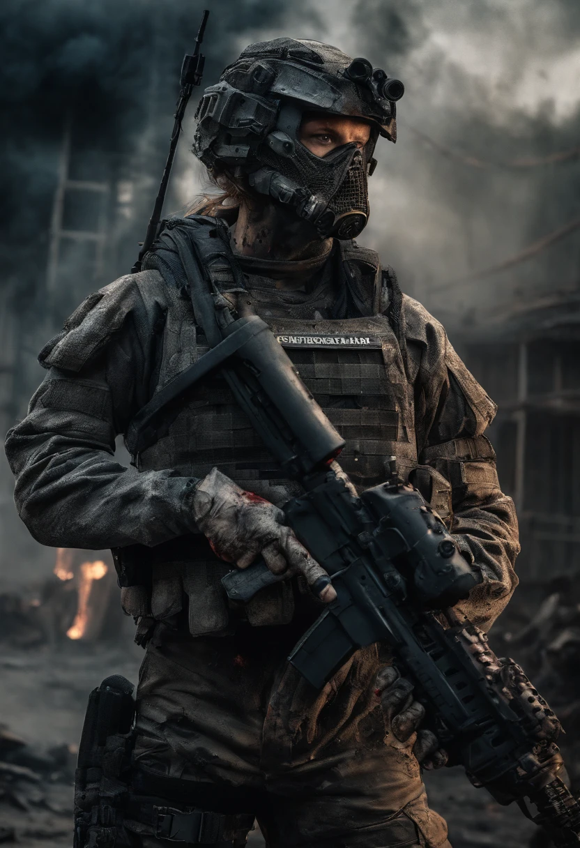 Postapocalyptic combat scene with a Beautiful hyperrealistic photograph of a Group of Young American women with Runic tattoos, ((dirty face Blood splattered)), (((wearing full heavy mecha armor, combat harness, Neon highlights))) Short Red Dreadlocks, combat pose, (((Holding on to the side of a combat Sci-Fi Combat helicopter))), exterior of Destroyed building, Fires, Smoke, debris, Camo netting, Ammo Boxes abstract beauty, near perfection, pure form, intricate detail, 8k post-production, High resolution, super Detail, trending on ArtStation, sharp focus, studio photos, intricate detail, Very detailed, By Greg Rutkowski