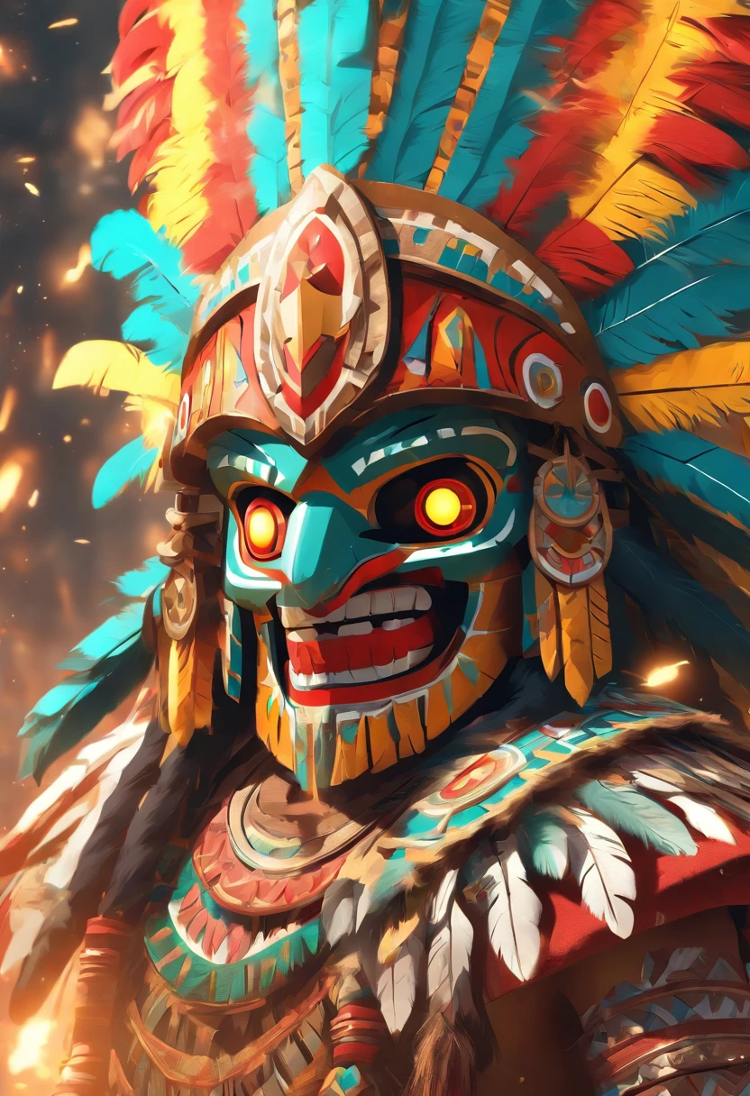 (((Huitzilopochtli))) best quality, ultra-high resolution, 4K detailed CG, masterpiece, God of war, shield, fire serpent, feathers, Aztec mythology, Mexica, aesthetics, ((War shield)) , beautiful image , centered on the screen