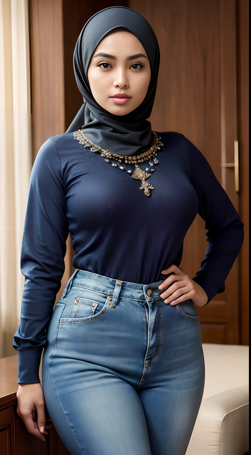 RAW, Best quality, high resolution, Masterpiece: 1.3), Beautiful Malay woman in hijab, Masterpiece, Perfect slim body, (Big breasts), Beautiful big eyes, Soft smile, Masterpiece:1.2, Best quality), Realistic, (Real picture, Intricate details, Depth of field，High neck clothes，denim pant，Panoramic camera), parted lip, highly detailed, Perfect face, Perfect body, Large models, Mature woman, Tall, Long legs, Natural background bokeh, indoors