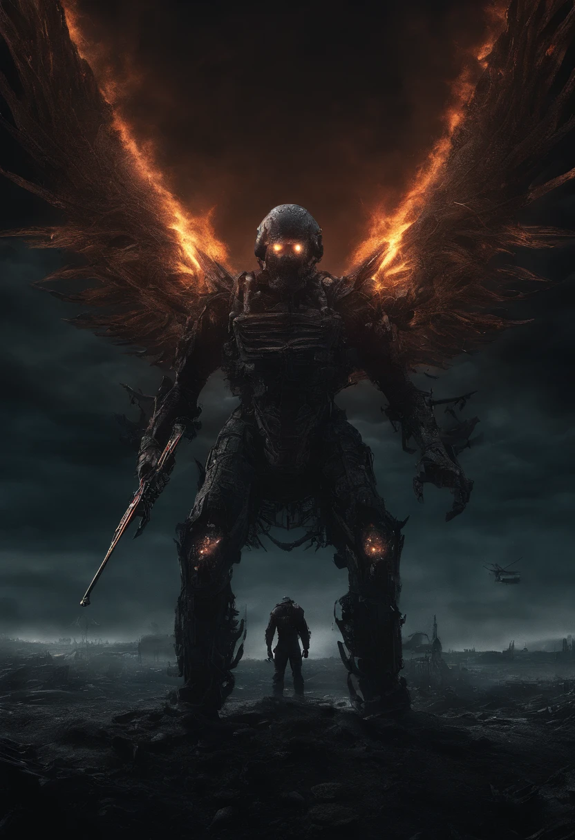 Cosmic cyberpunk Fallen Angel wearing Neon Mecha Armour, Flaming Sword glowing light eyes, Biomechanical, eerie, Creepy, nightmarish, Very bright neon colours, Light particles, with light glowing, , Mushroom Cloud, winner of the year's best photo, the world on fire, post-apocalyptic hellscape military photography, photo epic of the year, fire on the horizon, epic cinematic shot, pure form, intricate detail, 8k post-production, High resolution, super Detail, trending on ArtStation, sharp focus, studio photos, intricate detail, Very detailed, By Greg Rutkowski, Mshiff, wallpaper art, UHD wallpaper