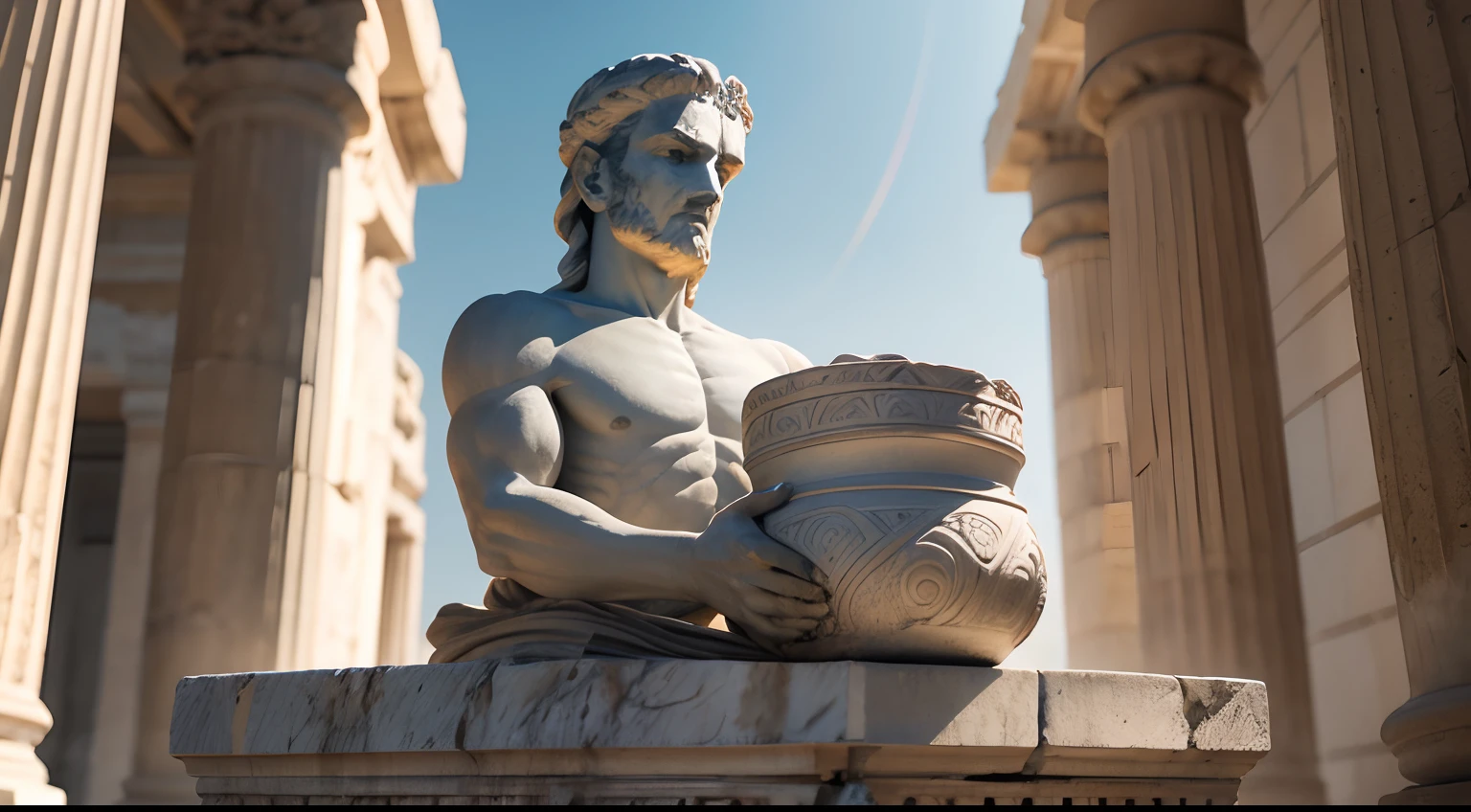 Ancient Greek statue with angry expression, Outside, com rosto extremamente detalhado full body view, Colors with low saturation with dark tone, Filmado em Sony A7S III com Sony FE 35mm f/1.8, 12.1 MP, --AR 3:2 --estilo cru