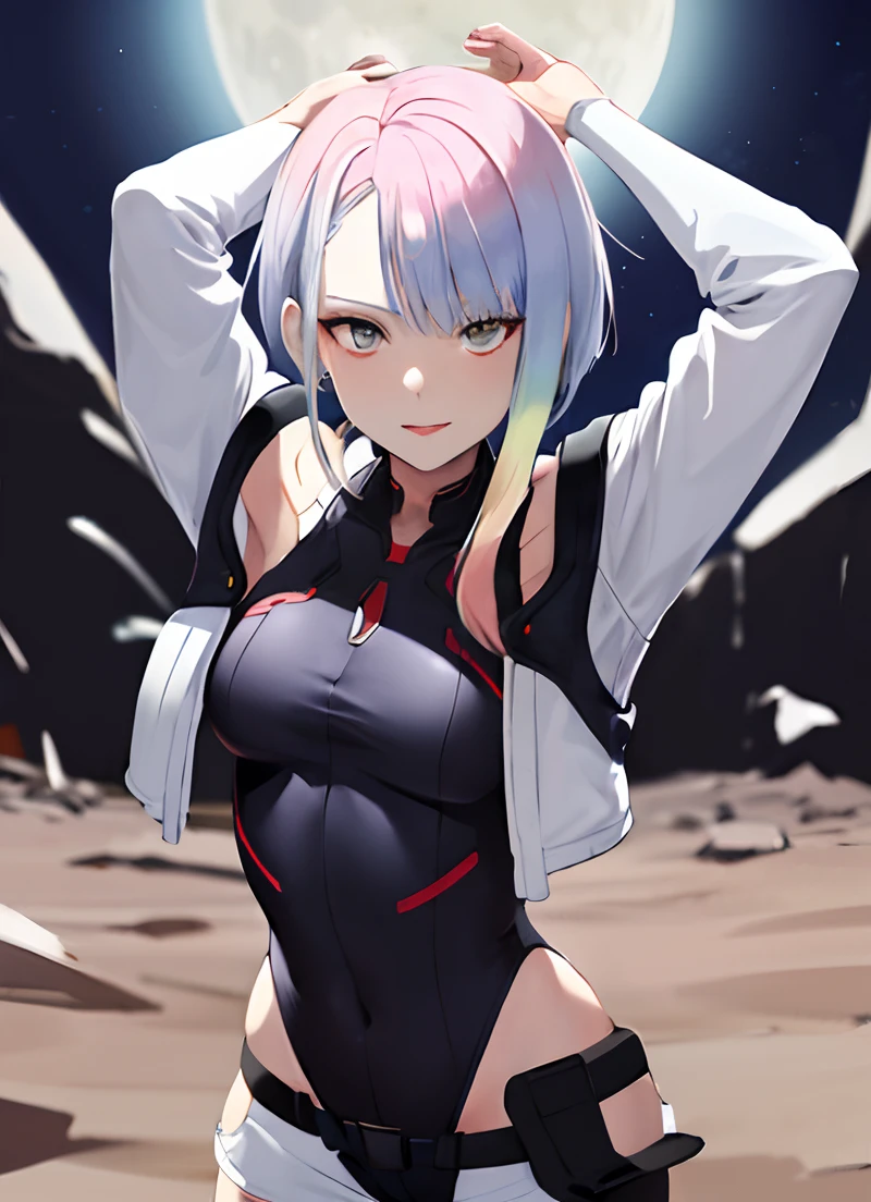 masterpiece, best quality, highres, lu1, cyborg, multicolored hair, makeup, bare shoulders, black leotard, highleg leotard, (thong:1.1), white jacket, open jacket, belt, shorts, cowboy shot, planet, moon, earth (planet)