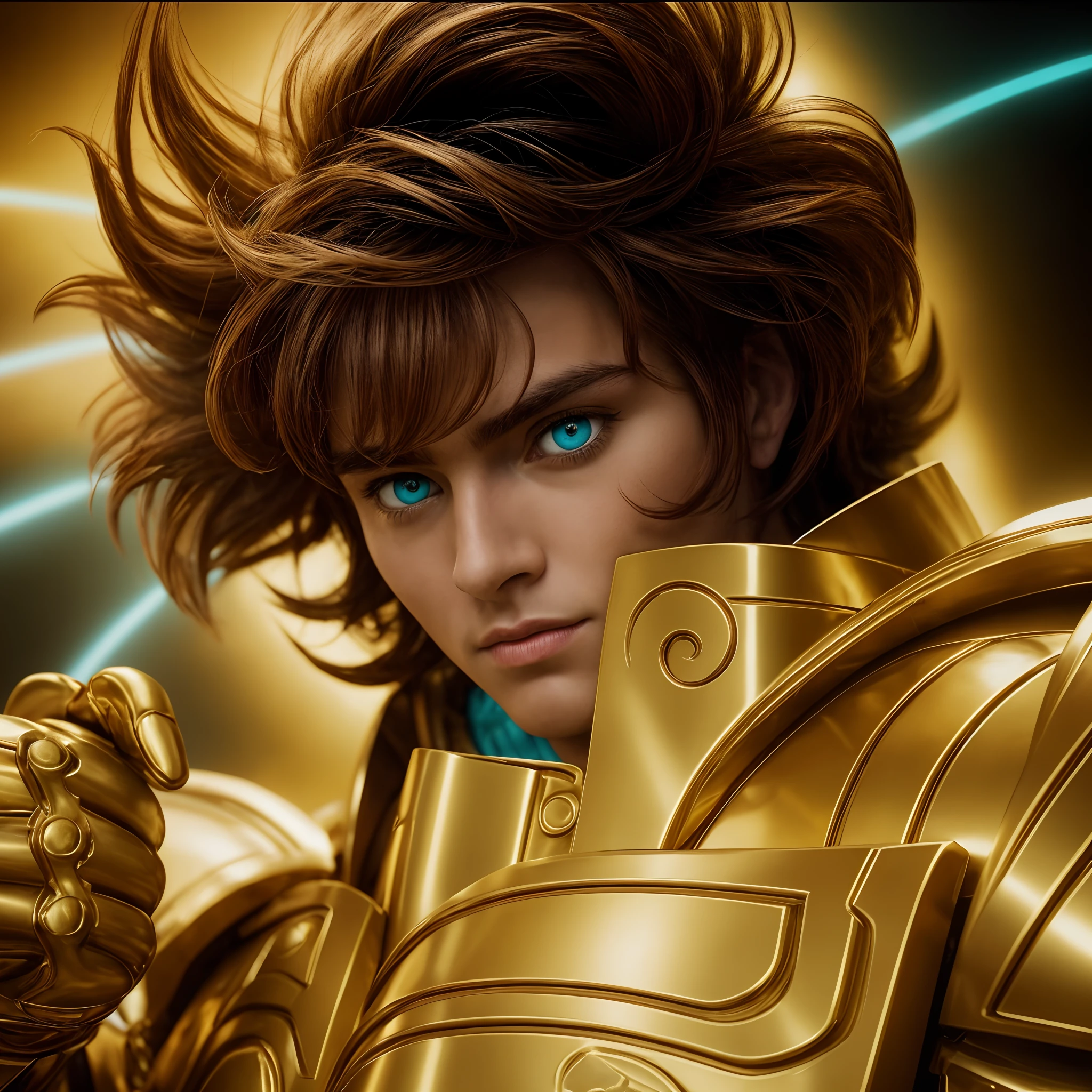 Cinematic stunningly detailed and ultra-realistic Leo Aiolia of Saint Seiya. Close up. He is waring pretty realistic golden armor. Bright golden armor. Octane is the perfect tool to capture the softest details of this 16k photography masterpiece. He is a handsome caucasian man about 30 years old. 1boy. Beautiful face. Detailed face. Beautiful nose. (Pretty big turquoise eyes). Perfect eyes. Shaved. He has light brown hair. Perfect closed fist. Messy hair. ((pretty big turquoise eyes)). ((Shaved)). a closed fist. He is staring his enemy.