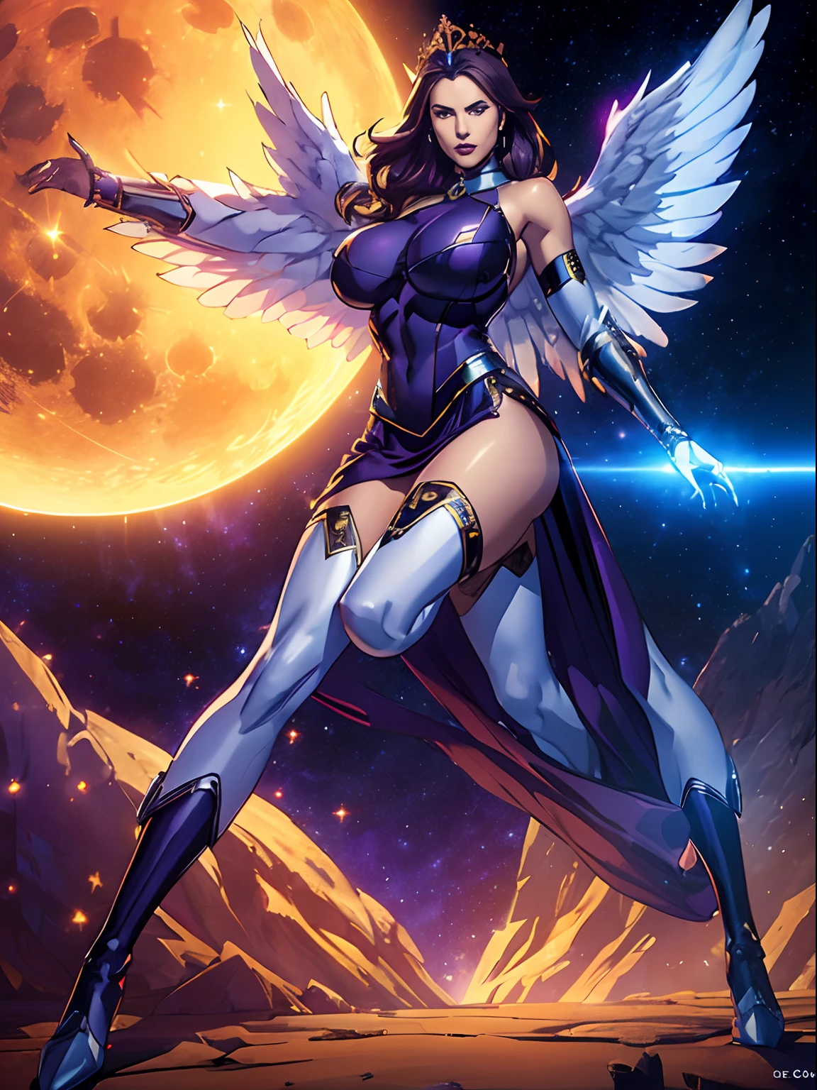 (masterpiece, top quality, best quality, official art, beautiful and aesthetic:1.2), (1girl:1.3), extremely long curly golden hair, extremely detailed, portrait, looking at viewer, solo, (full body:0.6), detailed background, close up, (cool science fiction space theme:1.1), extremely busty valkyrie, charlatan, mysterious, shooting lasers in space, cybernetic angel, huge feathered wings, chrome boob armor, dark purple streamers and skirts and sleeves and knee wrappings, cybernetic implants, mechanical hand, laser cannon, arm cannon, revealing chrome armor, bare midriff, glowing laser energy, crown, halo, intricate armor, ornate chrome armor, sheer white fabric, elegant purple fabric, skirts, streamers, cowl, boots, bracers, ((((gigantic breasts))), slim waist, slim hips, long legs, athletic, SPACE, futuristic moon, (space exterior:1.1) background, dark mysterious lighting, shadows, magical atmosphere, dutch angle