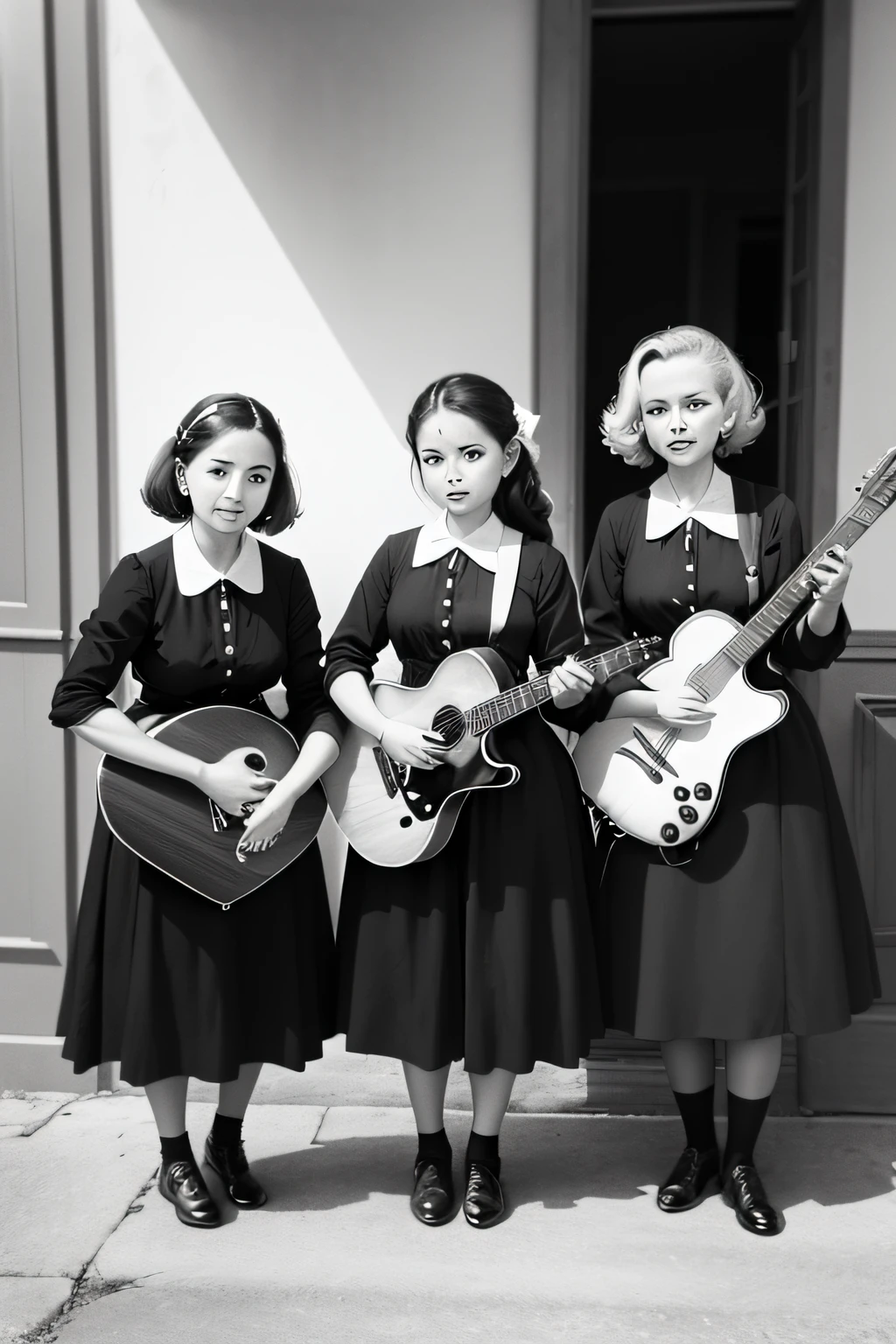 Un grupo de personas posando para una foto con guitarras, historic photograph, historical image, Foto temprana en blanco y negro, historical image, Artista desconocido, historic photo, Unknown title, Location unknown, 1958, 1 9 5 8, 1940, 1 9 4 0, 1 9 5 6, 1956