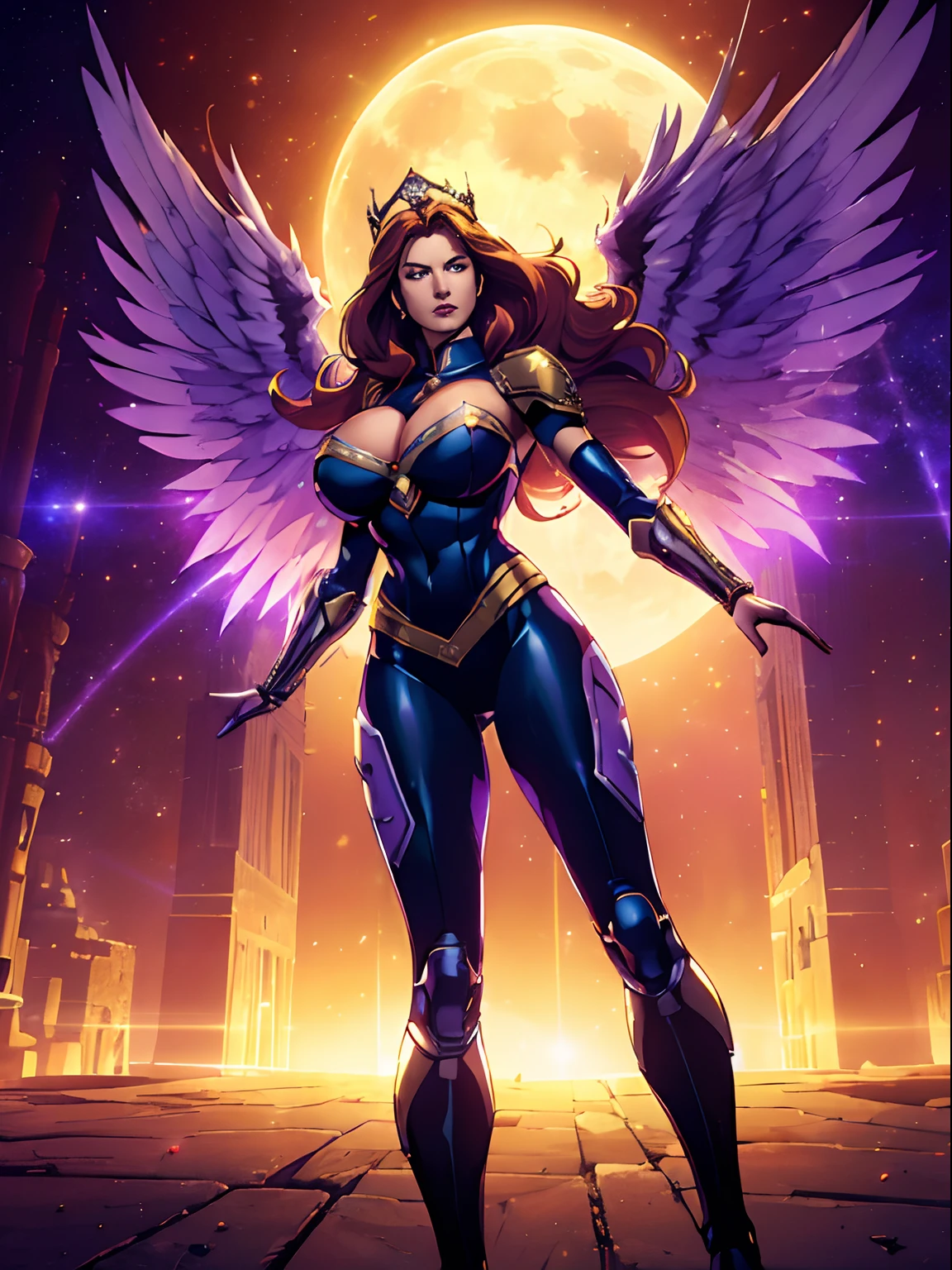 (masterpiece, top quality, best quality, official art, beautiful and aesthetic:1.2), (1girl:1.3), extremely long curly golden hair, extremely detailed, portrait, looking at viewer, solo, (full body:0.6), detailed background, close up, (cool science fiction space theme:1.1), extremely busty valkyrie, charlatan, mysterious, shooting lasers in space, cybernetic angel, huge feathered wings, chrome boob armor, dark purple streamers and skirts and sleeves and knee wrappings, cybernetic implants, mechanical hand, laser cannon, arm cannon, revealing chrome armor, bare midriff, glowing laser energy, crown, halo, intricate armor, ornate chrome armor, sheer white fabric, elegant purple fabric, skirts, streamers, cowl, boots, bracers, ((((gigantic breasts))), slim waist, slim hips, long legs, athletic, SPACE, futuristic moon, (space exterior:1.1) background, dark mysterious lighting, shadows, magical atmosphere, dutch angle