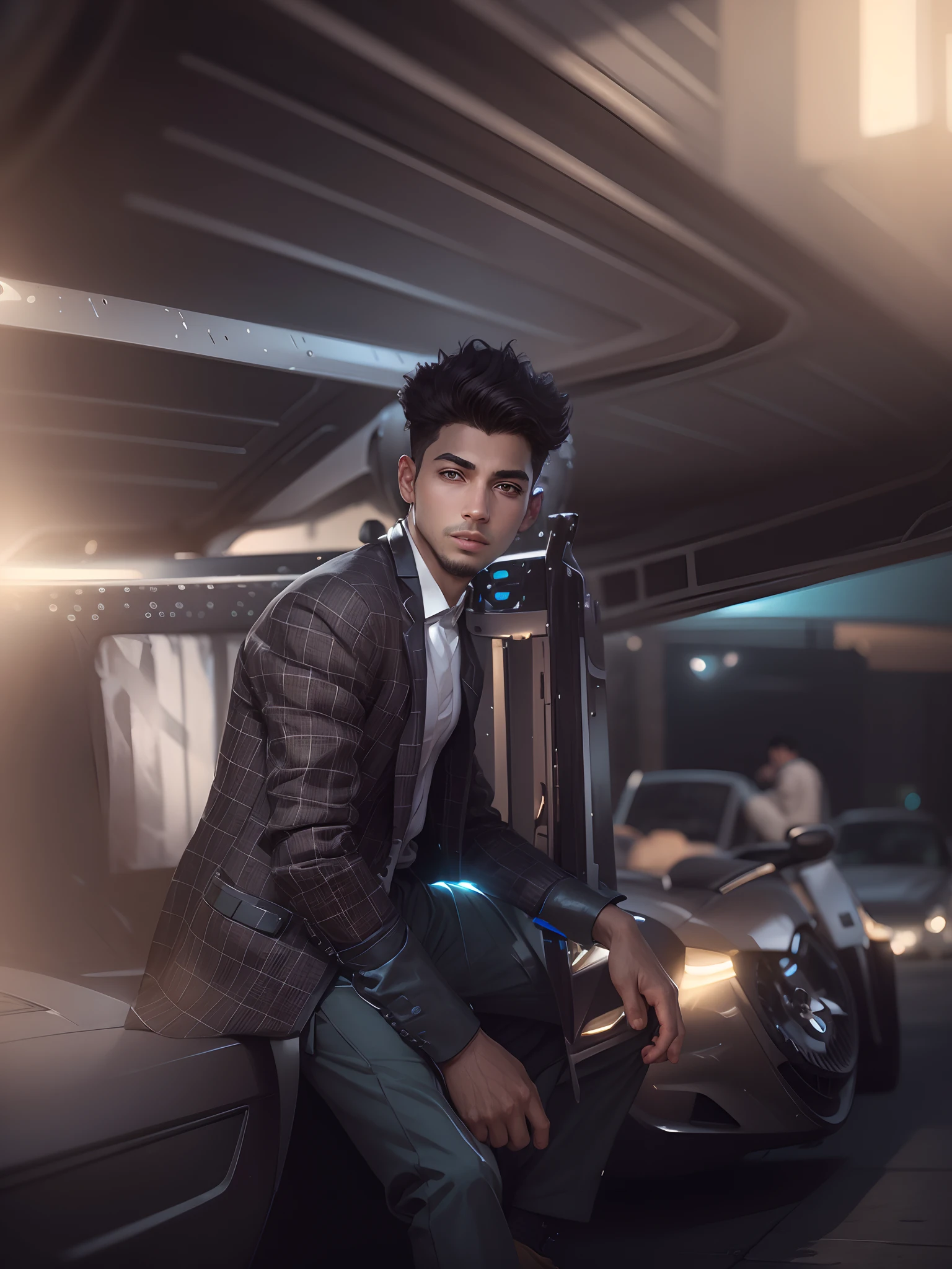 Boy with farari car futuristic background realistic face 8k highest quality