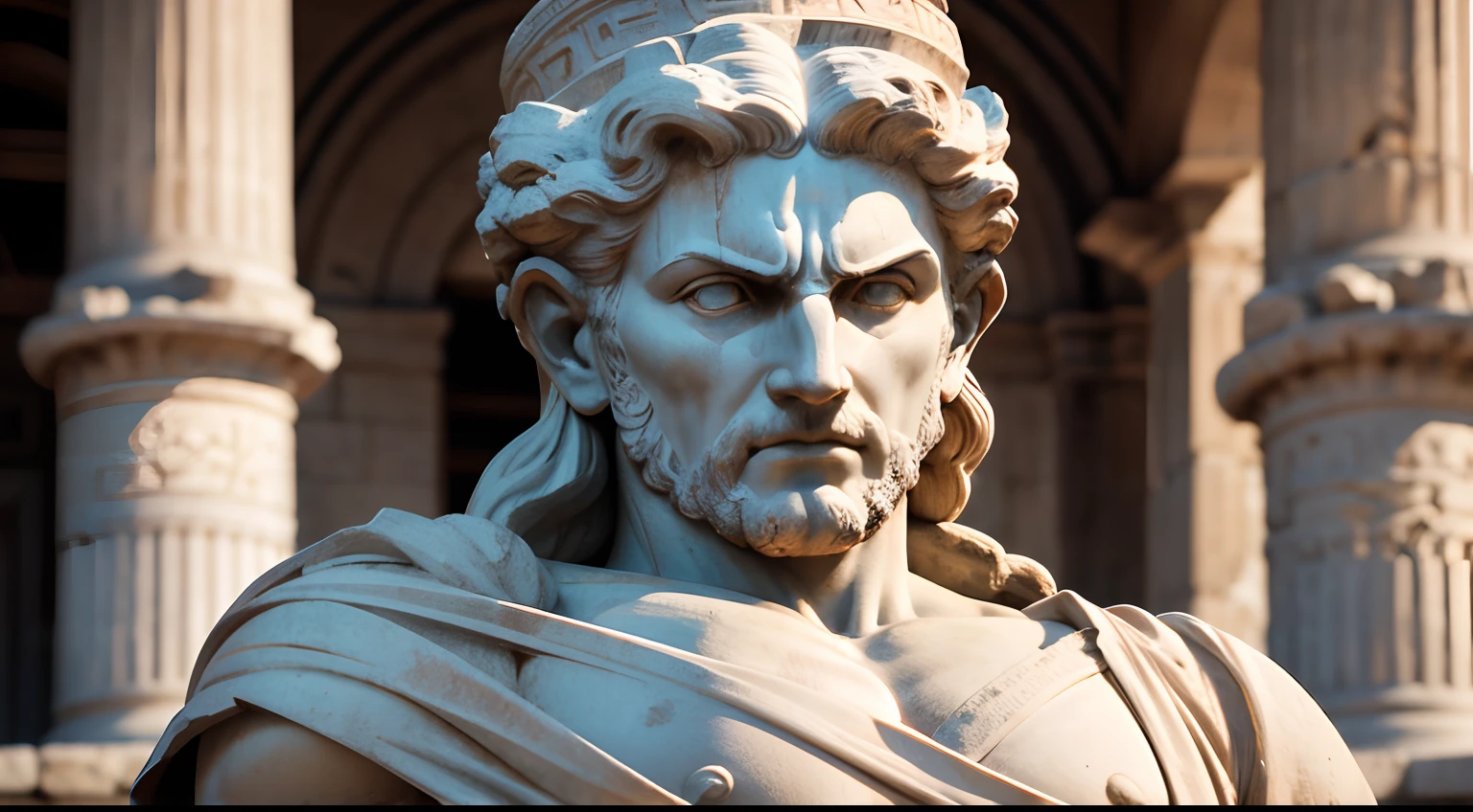 Ancient Greek statue with angry expression, Outside, com rosto extremamente detalhado full body view, Colors with low saturation with dark tone, Filmado em Sony A7S III com Sony FE 35mm f/1.8, 12.1 MP, --AR 3:2 --estilo cru