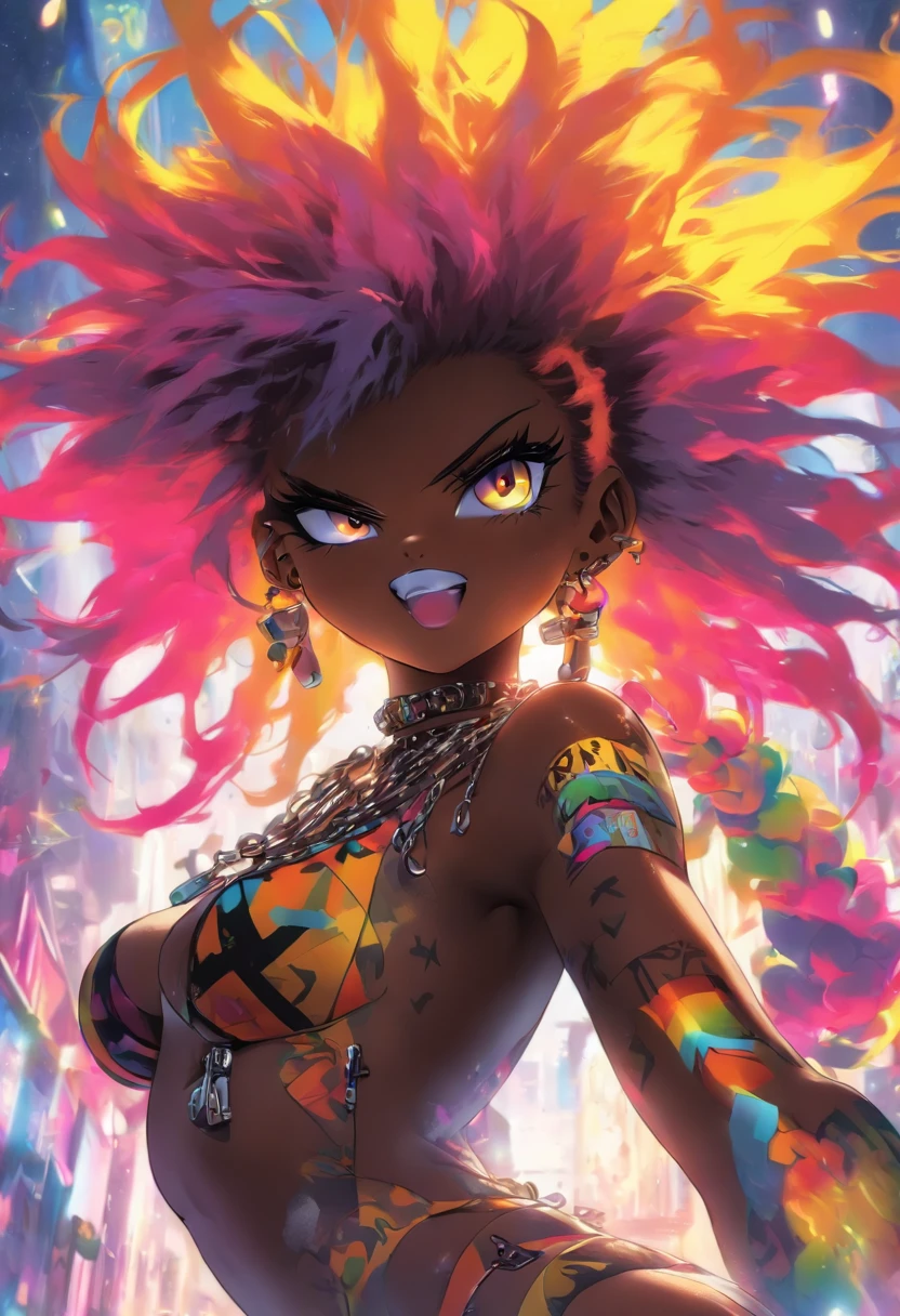 The most beautiful and naked sexy punk rock girl, black Afro, huge boobs, rainbow hair, yellow eyes, dark skin, and piercings, high quality, High resolution, big tits