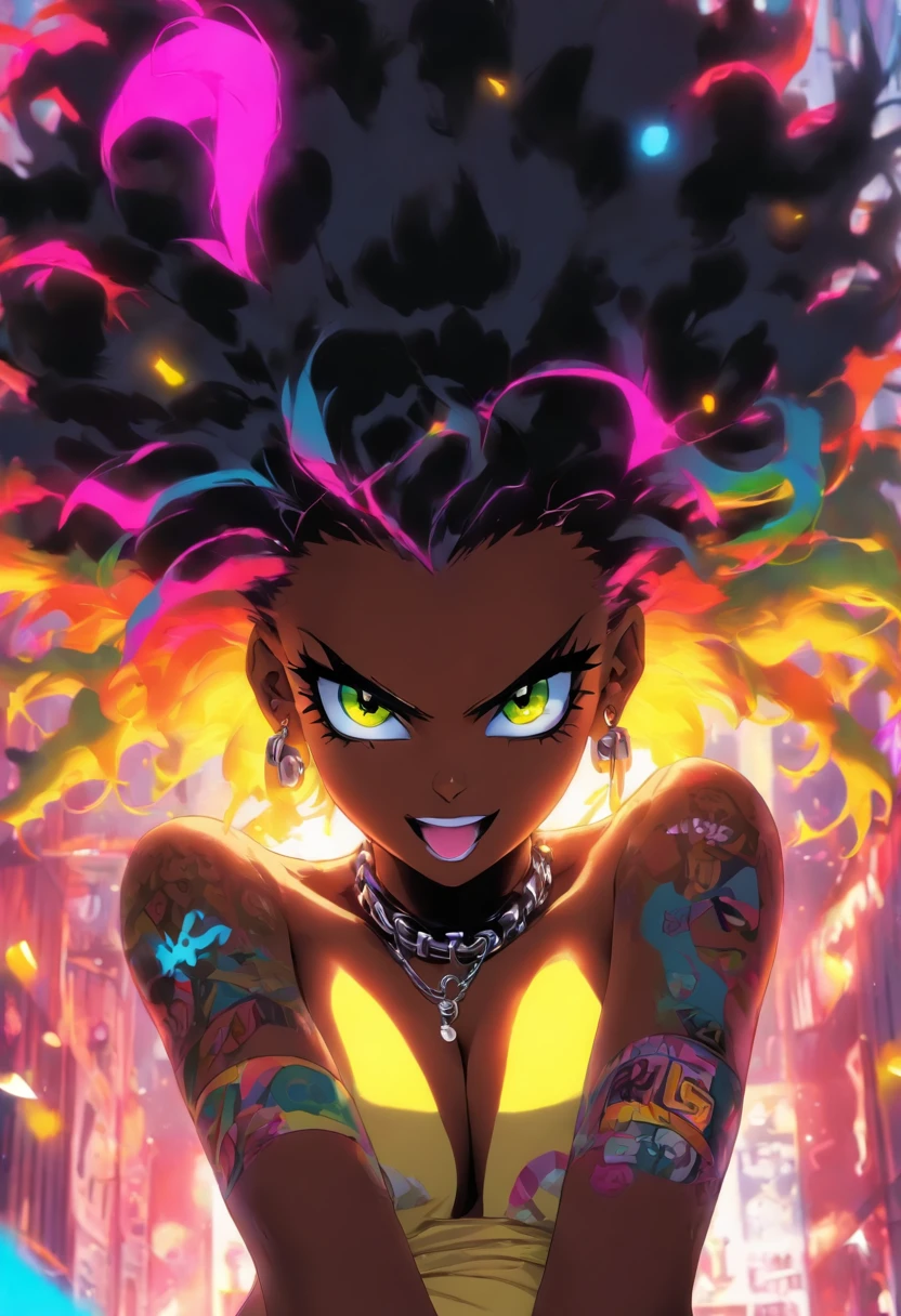 The most beautiful and naked sexy punk rock girl, black Afro, huge boobs, rainbow hair, yellow eyes, dark skin, and piercings, high quality, High resolution, big tits
