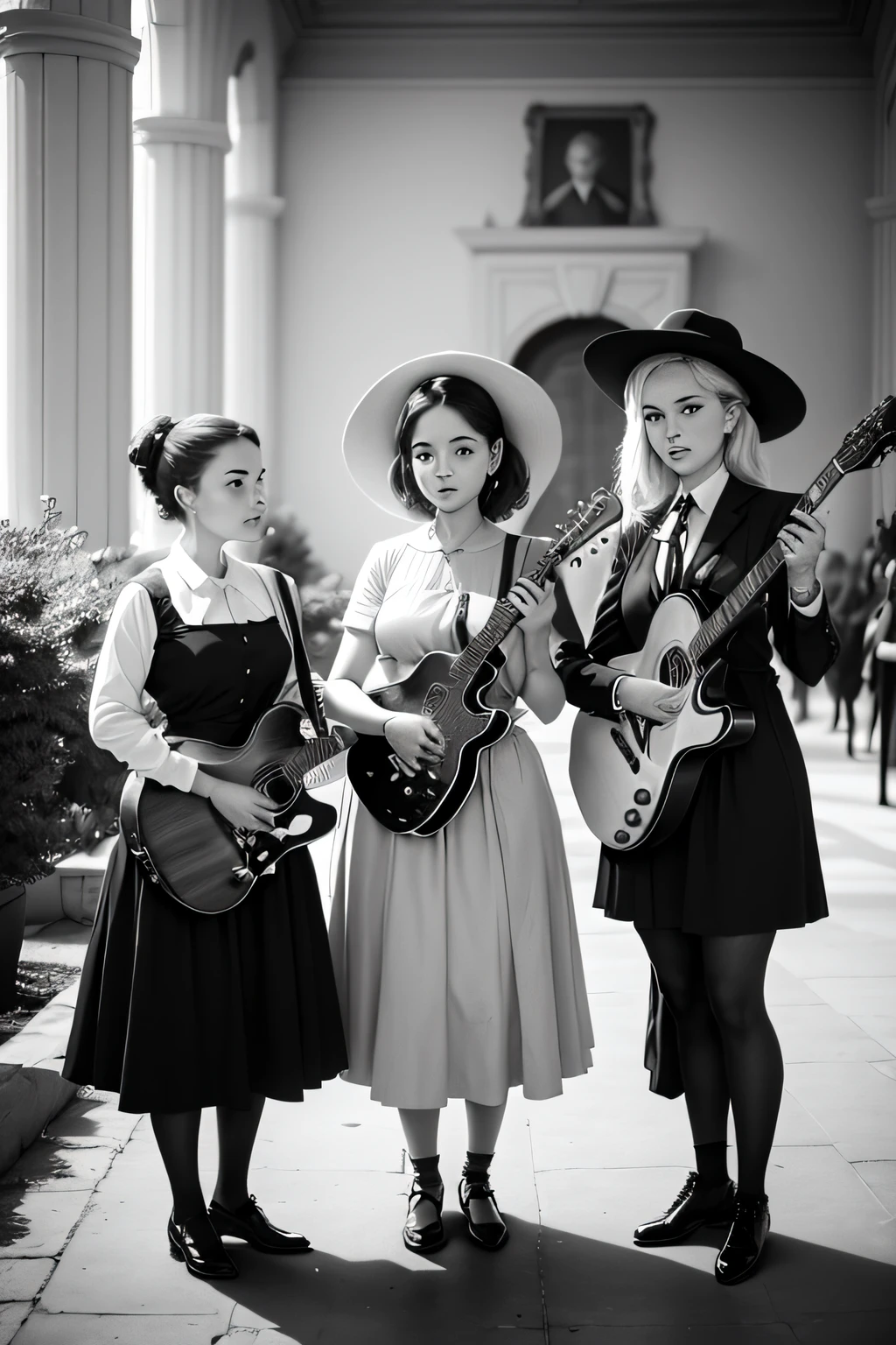 Un grupo de personas posando para una foto con guitarras, historic photograph, historical image, Foto temprana en blanco y negro, historical image, Artista desconocido, historic photo, Unknown title, Location unknown, 1958, 1 9 5 8, 1940, 1 9 4 0, 1 9 5 6, 1956