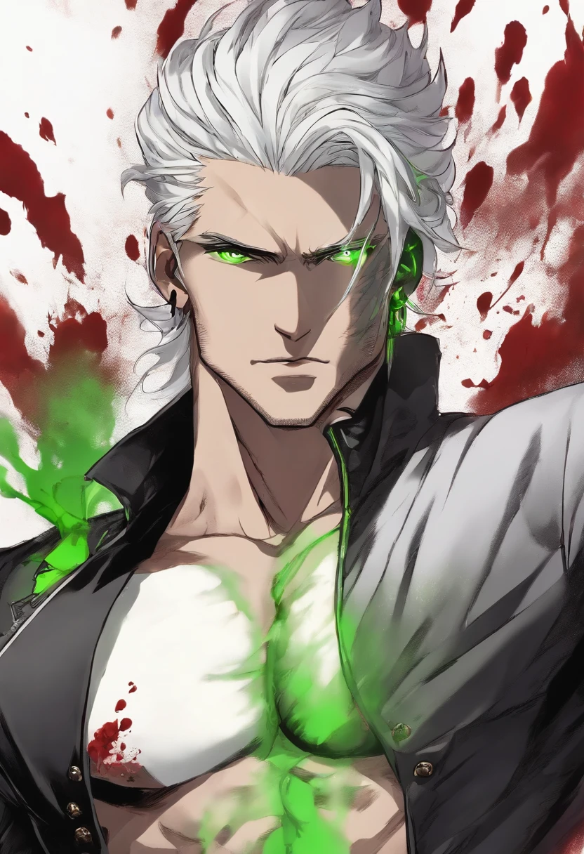 1 man, straight white hair with black highlights, he is shirtless and wearing black pants, bright green eyes, he has black tattoos on his body and is injured, destruction, white aura, crater, blood.