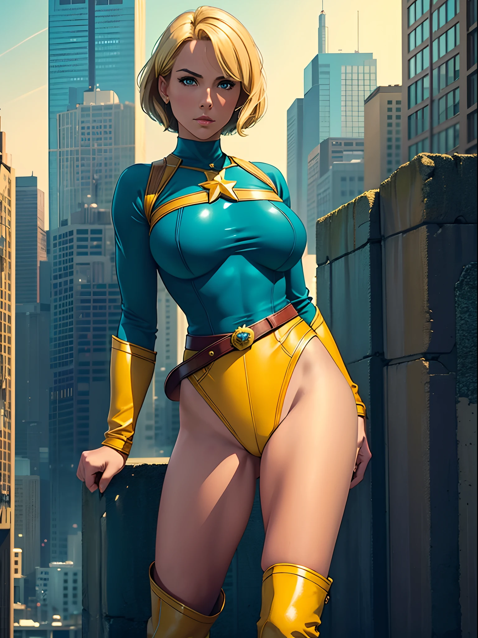masterpiece, best quality, 1woman, blonde hair, mature woman, short hair, bob hair, bob hair, hazel eyes, beautiful detailed eyes, superhero, teal leotard, bare legs, yellow belt, knee boots, star symbol on chest, standing, stand, heroic, city backdrop, full body shot, cowboy shot, daytime