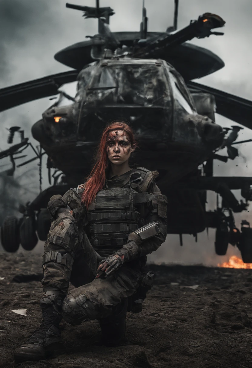 Postapocalyptic combat scene with a Beautiful hyperrealistic photograph of a Group of Young American women with Runic tattoos, ((dirty face Blood splattered)), (((wearing full heavy mecha armor, combat harness, Neon highlights))) Short Red Dreadlocks, combat pose, (((Holding on to the side of a combat Sci-Fi Combat helicopter))), exterior of Destroyed building, Fires, Smoke, debris, Camo netting, Ammo Boxes abstract beauty, near perfection, pure form, intricate detail, 8k post-production, High resolution, super Detail, trending on ArtStation, sharp focus, studio photos, intricate detail, Very detailed, By Greg Rutkowski