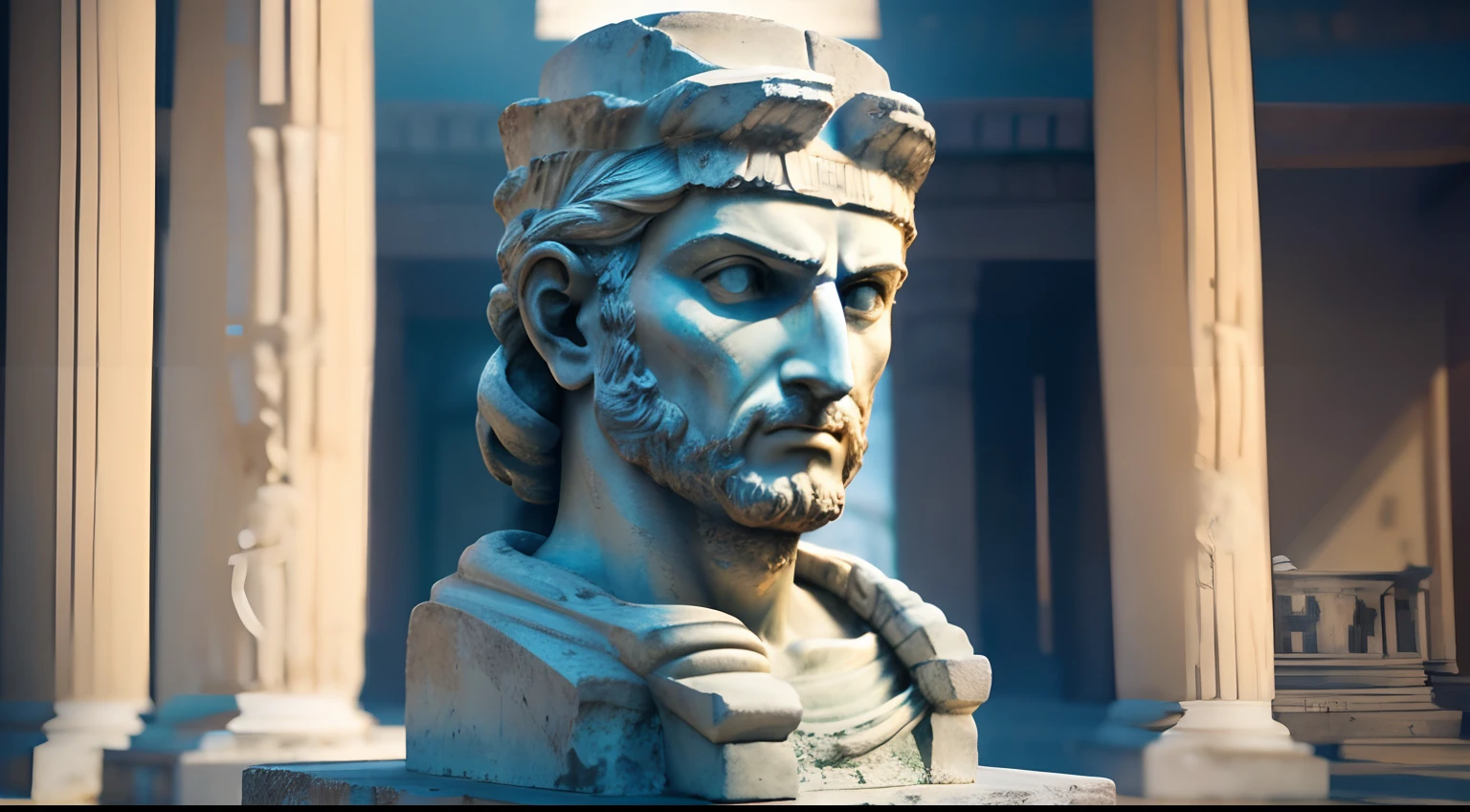 Ancient Greek statue with angry expression, Outside, com rosto extremamente detalhado full body view, Colors with low saturation with dark tone, Filmado em Sony A7S III com Sony FE 35mm f/1.8, 12.1 MP, --AR 3:2 --estilo cru