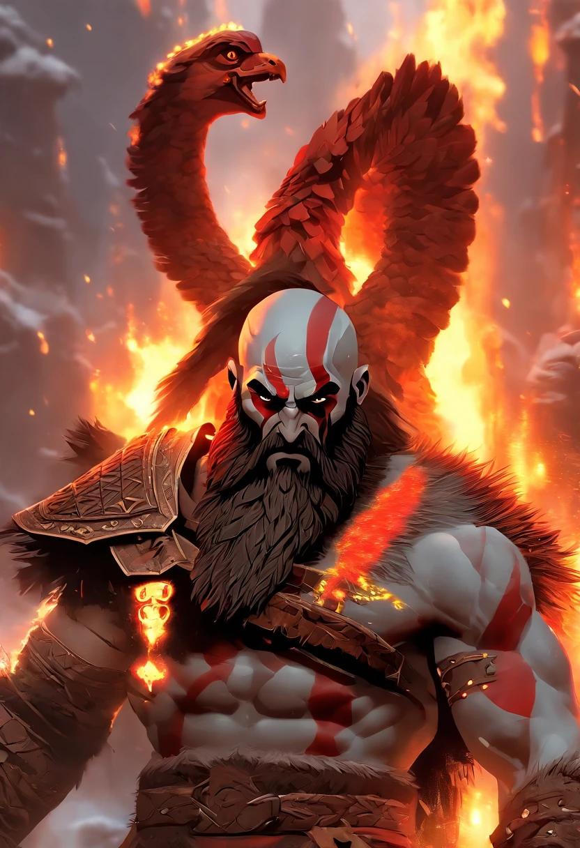 (((God of War))) best quality, ultra-high resolution, 4K detailed CG, masterpiece, Huitzilopochtli, shield, fire serpent, feathers, Aztec mythology, Mexica, aesthetics, ((Aztec God)), beautiful image, centered on the screen