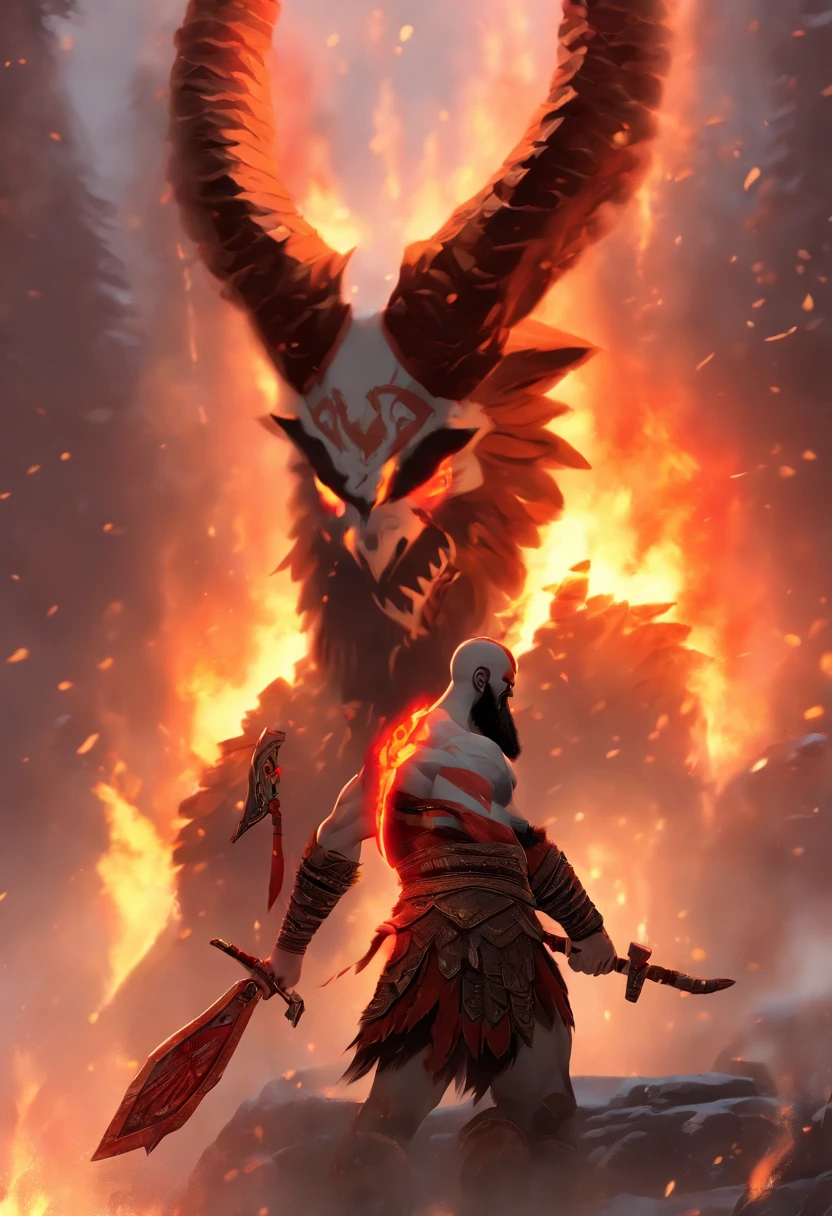 (((God of War))) best quality, ultra-high resolution, 4K detailed CG, masterpiece, Huitzilopochtli, shield, fire serpent, feathers, Aztec mythology, Mexica, aesthetics, ((Aztec God)), beautiful image, centered on the screen