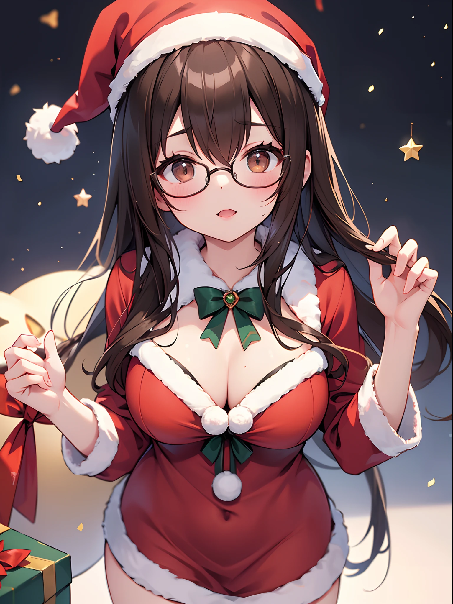 1 female、brown haired、Brown eyes、Black-rimmed glasses、seductive boobs、gorgeous faces、Perfect body。Best Quality、ultra-detailliert、8K resolution、Raw photo、masutepiece。Christmas Party、santa claus。
