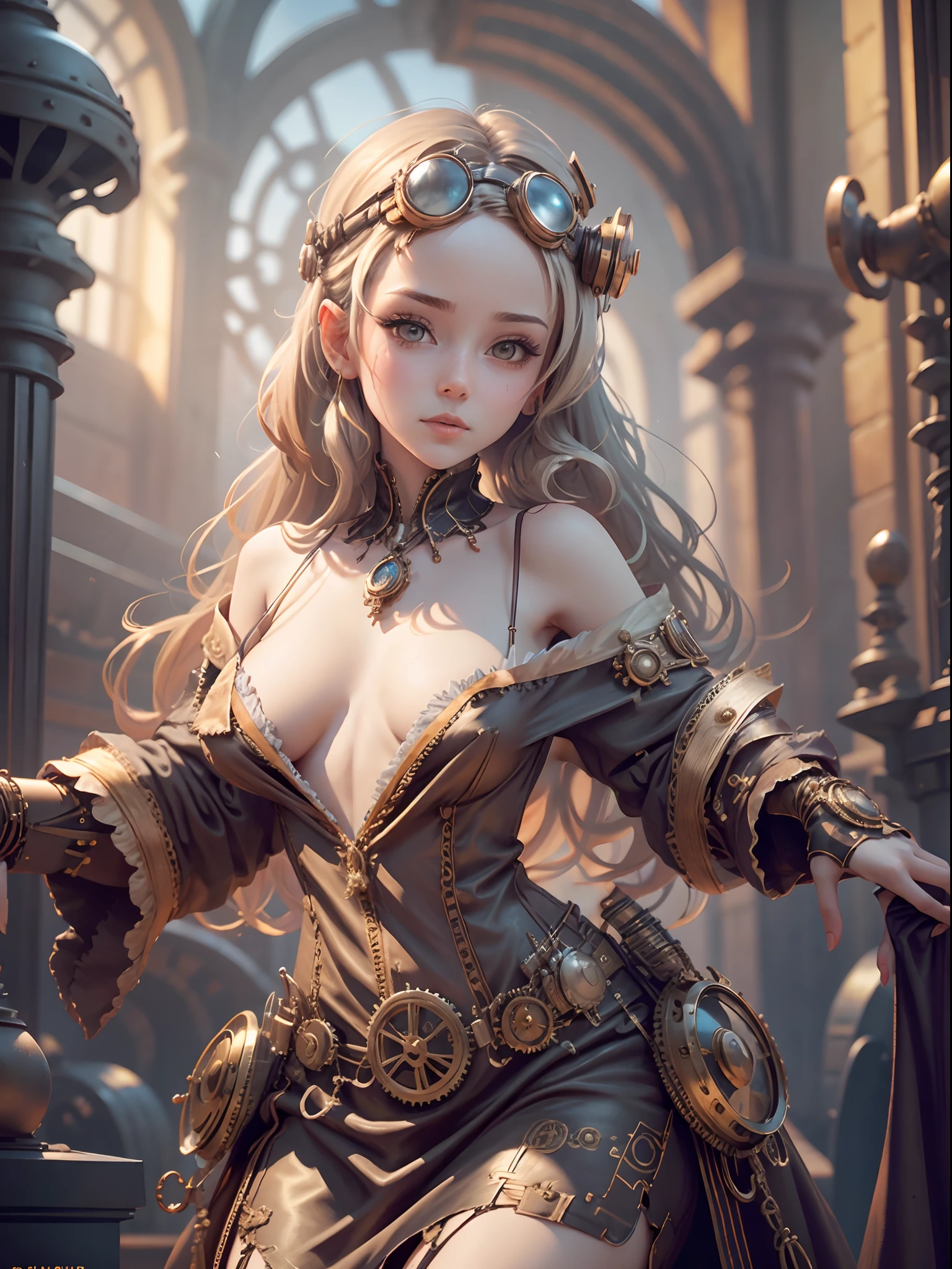 Girl, small breasts, wearing gown, steampunk, looking at viewer