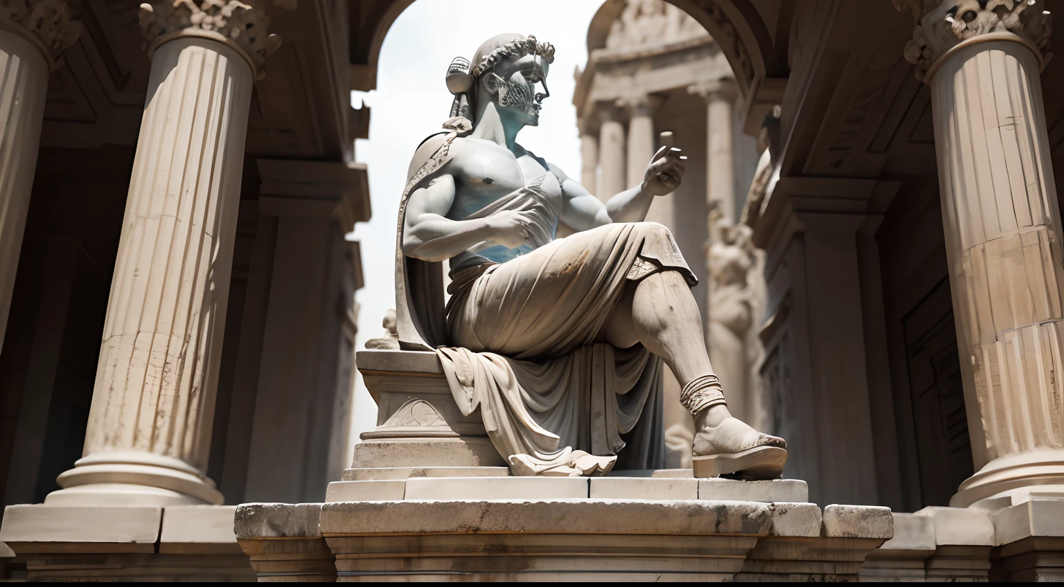 Ancient Greek statue with angry expression, Outside, com rosto extremamente detalhado full body view, Colors with low saturation with dark tone, Filmado em Sony A7S III com Sony FE 35mm f/1.8, 12.1 MP, --AR 3:2 --estilo cru