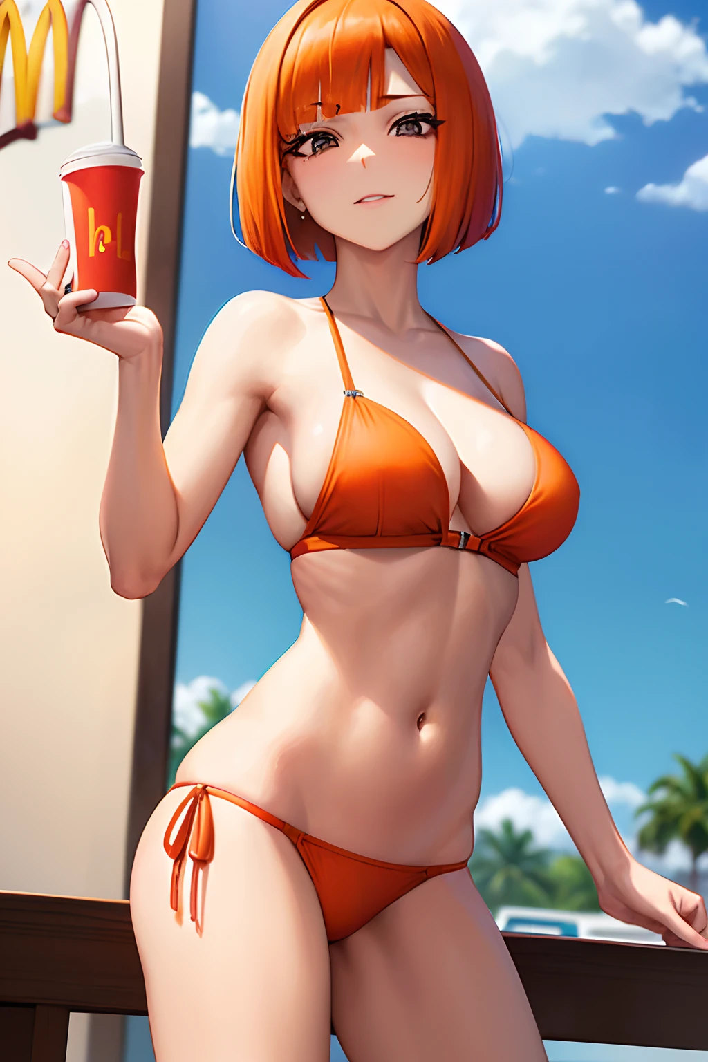Mujer, (pechos grandes), ((corte bob recto)), ((cabello naranja)), (solo), sexy Orange hair, ((mcdonald's)), bikini, (((straight bob cut))) straight bob cut, ((mostrando los pechos))