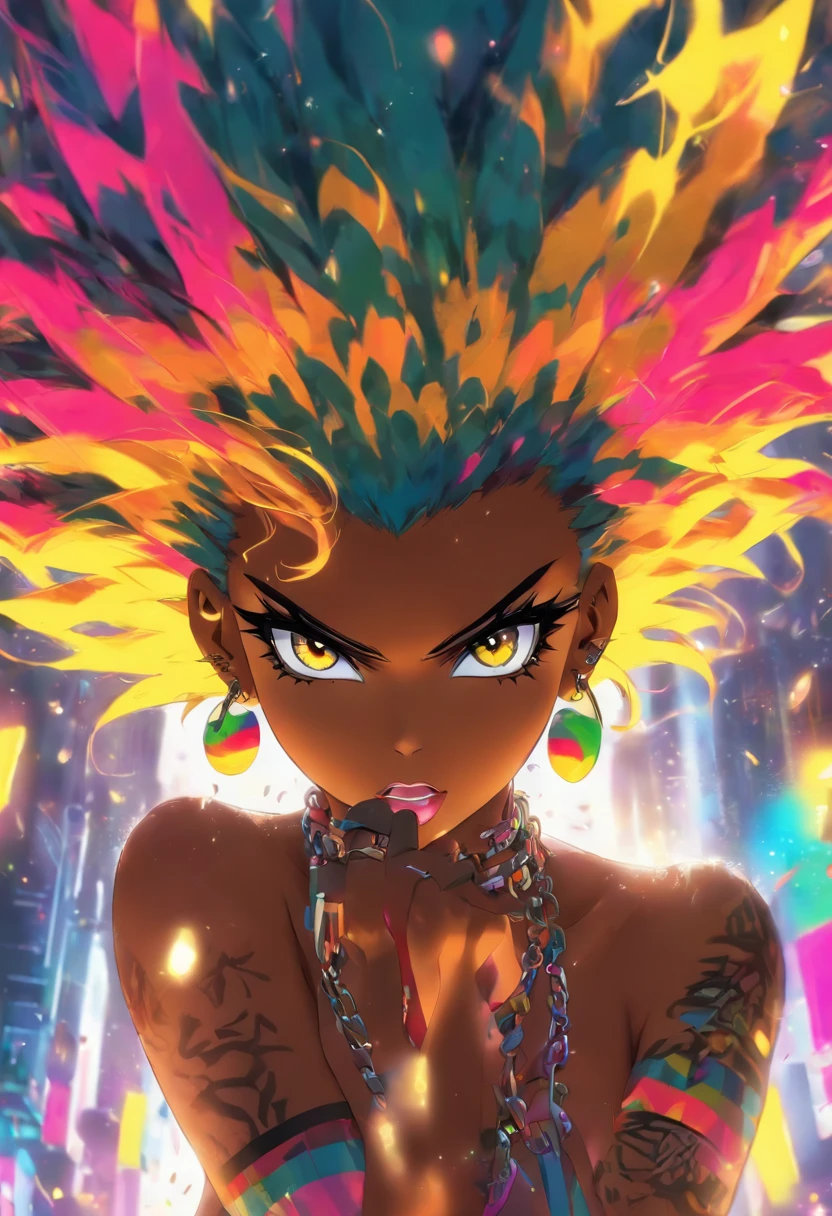 naked sexy punk rock girl, black Afro, huge boobs, rainbow hair, yellow eyes, dark skin, and high quality, High resolution, big tits