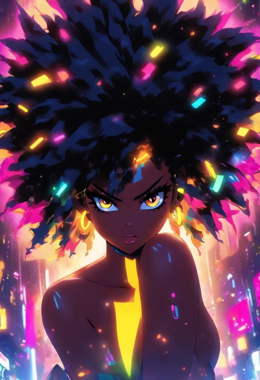 naked sexy punk rock girl, black Afro, huge boobs, rainbow hair, yellow eyes, dark skin, and high quality, High resolution, big tits