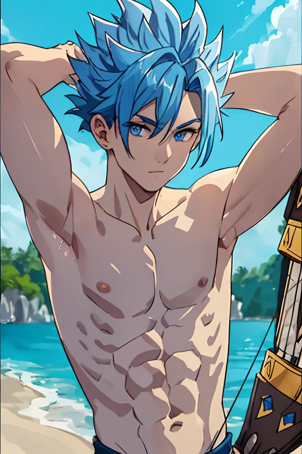 masterpiece, best quality, high quality, 1boy, solo, male focus, looking at viewer, upper body, arden, blue hair, blue eyes,doing archery, slim body, medium body, (armpit, show his armpit, close-up armpit), spiky hair, (shirtless, topless, bare chest)