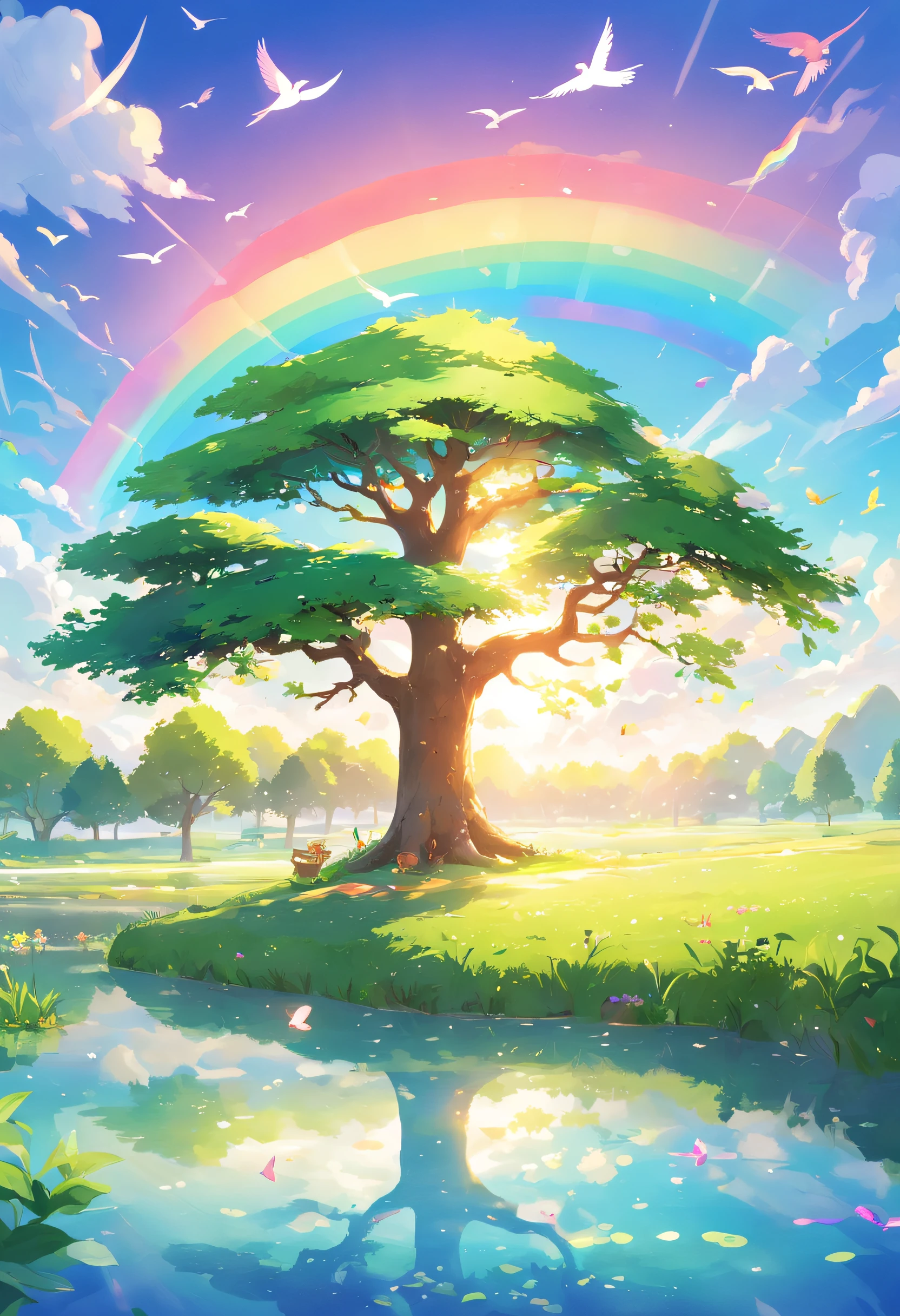 ((A rainbow appears in the sky after the rain)),baiyun, after rainny, rays of sunshine, refractions, Seven colors, Red, Orange, Yellow, Green, Blue, Violet, arc-shaped, A bridge to heaven, llight rays, dream magical, wanting, Calm lake, inverted image, The outline of the tree, Birds fly, freshen, magical, Beautiful natural landscape
