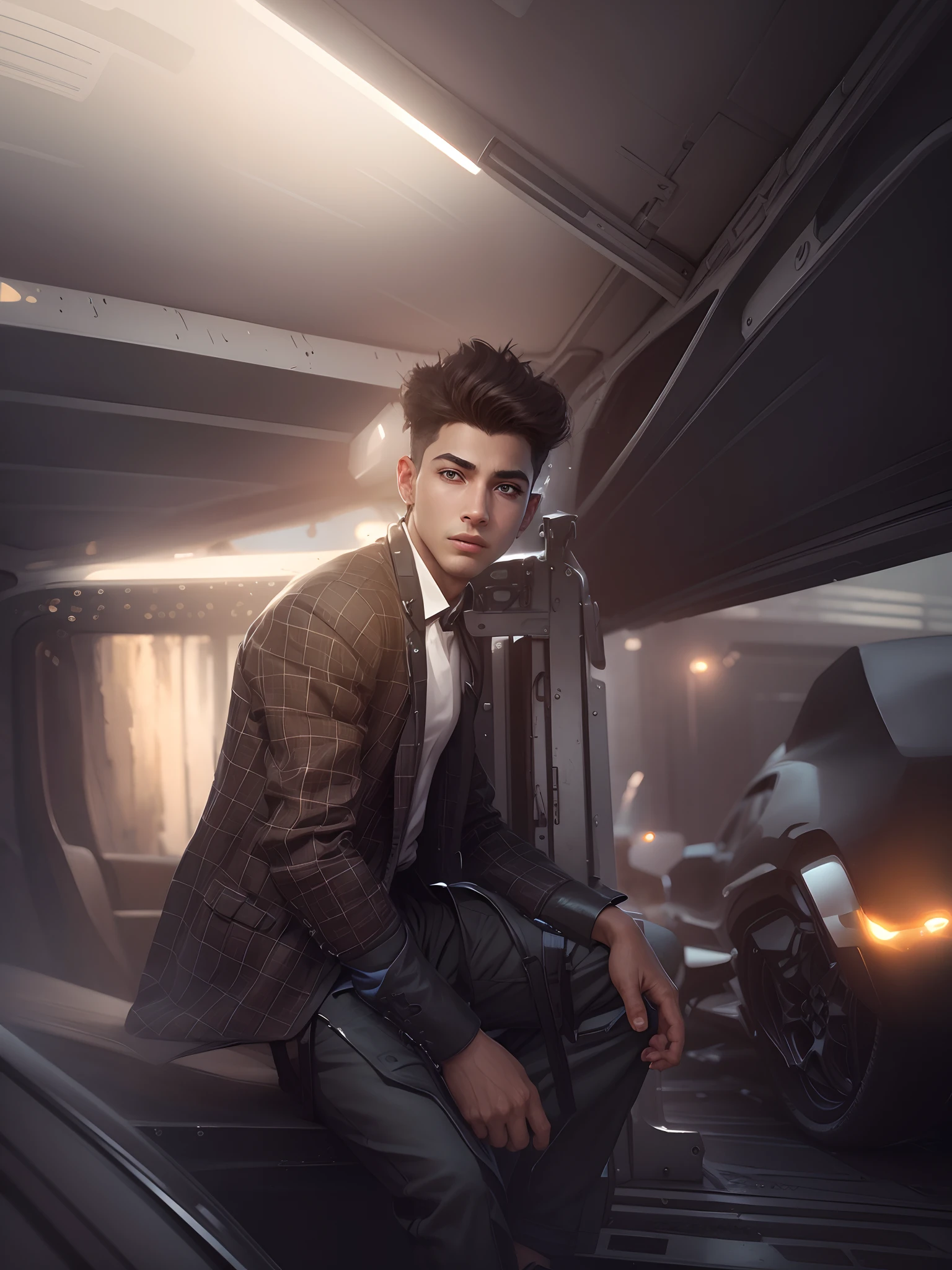 Boy with farari car futuristic background realistic face 8k highest quality